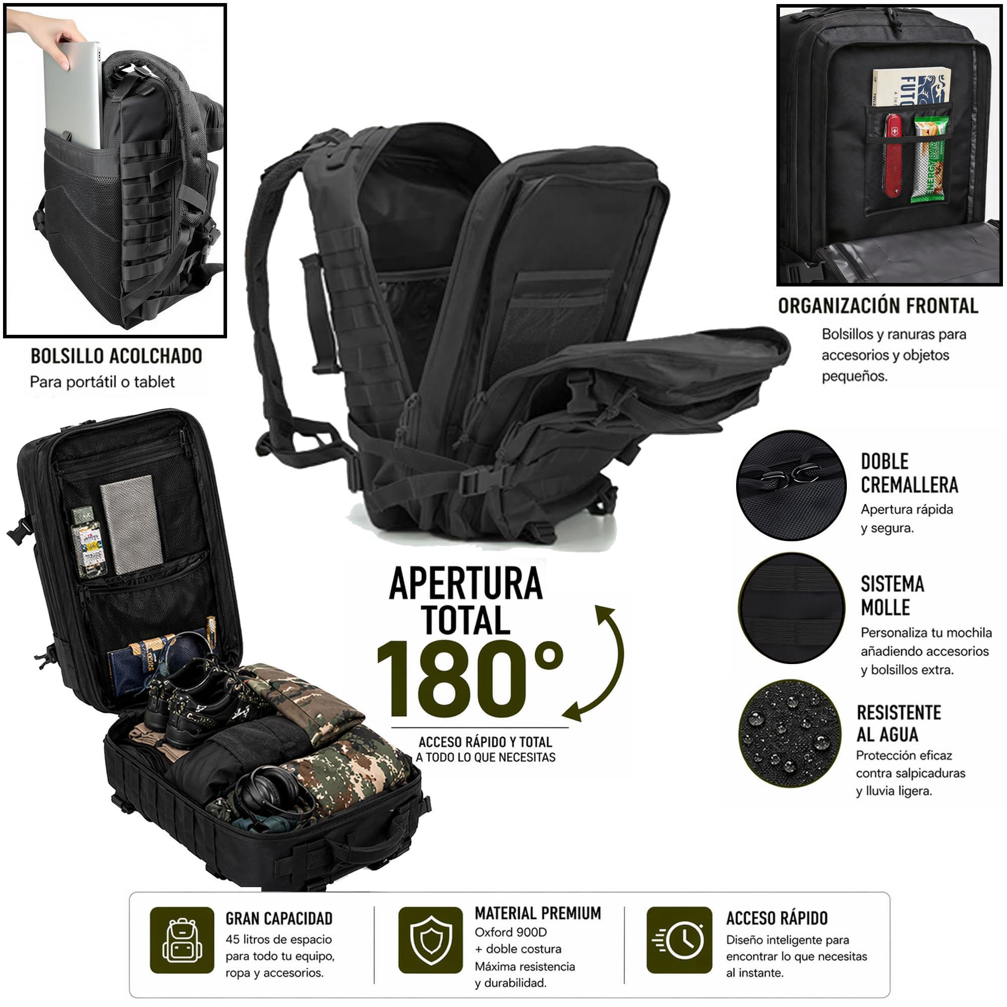 Mochila Táctica Militar 45L con Sistema MOLLE – Mochila Impermeable para Supervivencia y Emergencia, Senderismo, Camping y Outdoor – Mochila Resistente Trabajo y Herramientas + Botiquín MOLLE