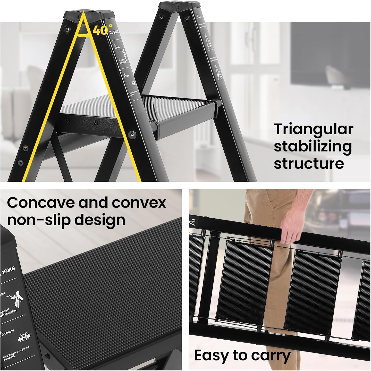 FAHKNS Black 4 Step Ladder, Aluminum Light Folding 4 Step Stool with Non-Slip Wide Pedal (7.9Inch), 330Lbs Capacity Stepping Stool for Office,Household,Kitchen