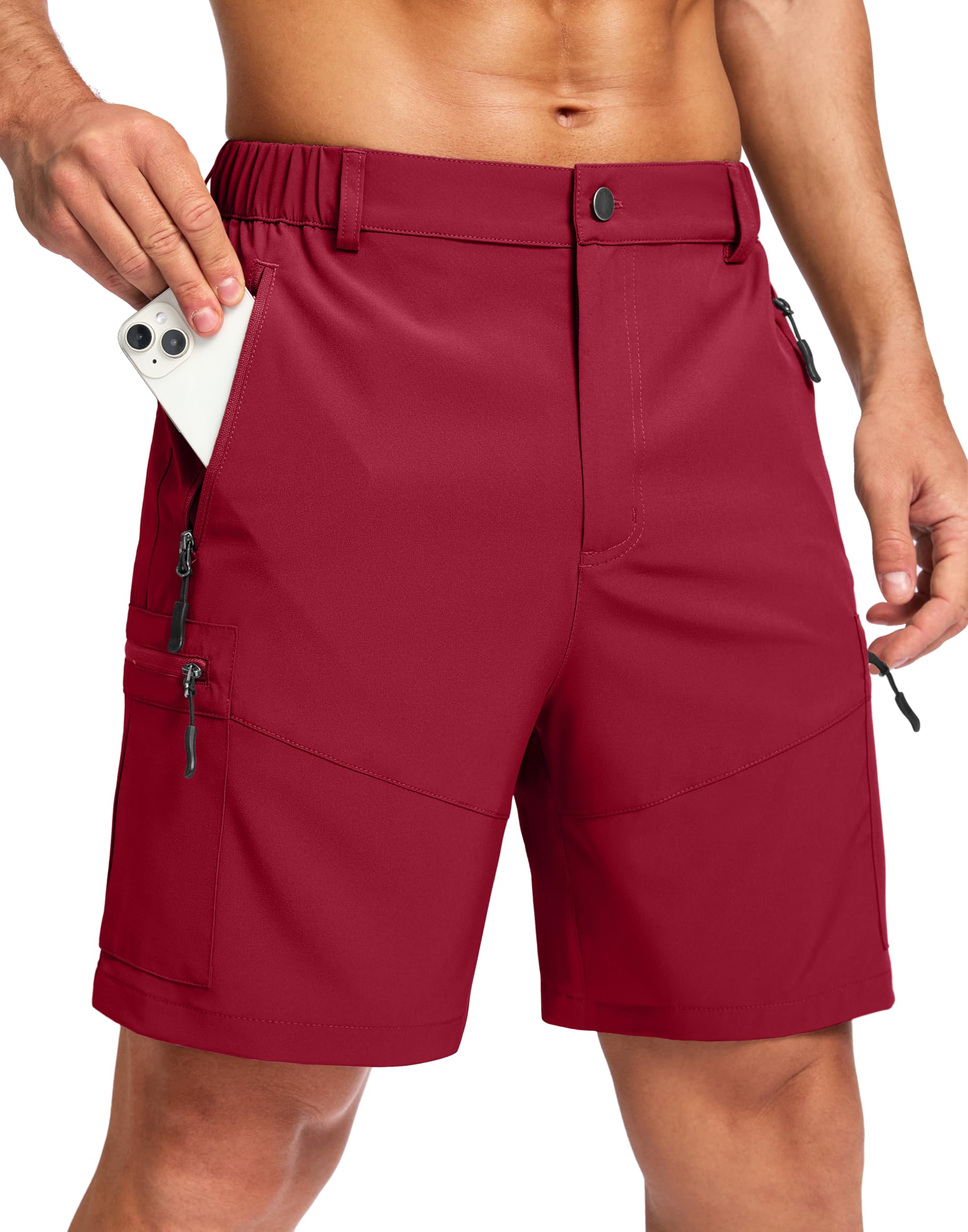 Pudolla Men's Hiking Cargo Shorts 9"/7"/11" Lightweight Outdoor Shorts for Men Trip Golf Camping Casual with 5 Zipper Pockets 7" Inseam Large Red
