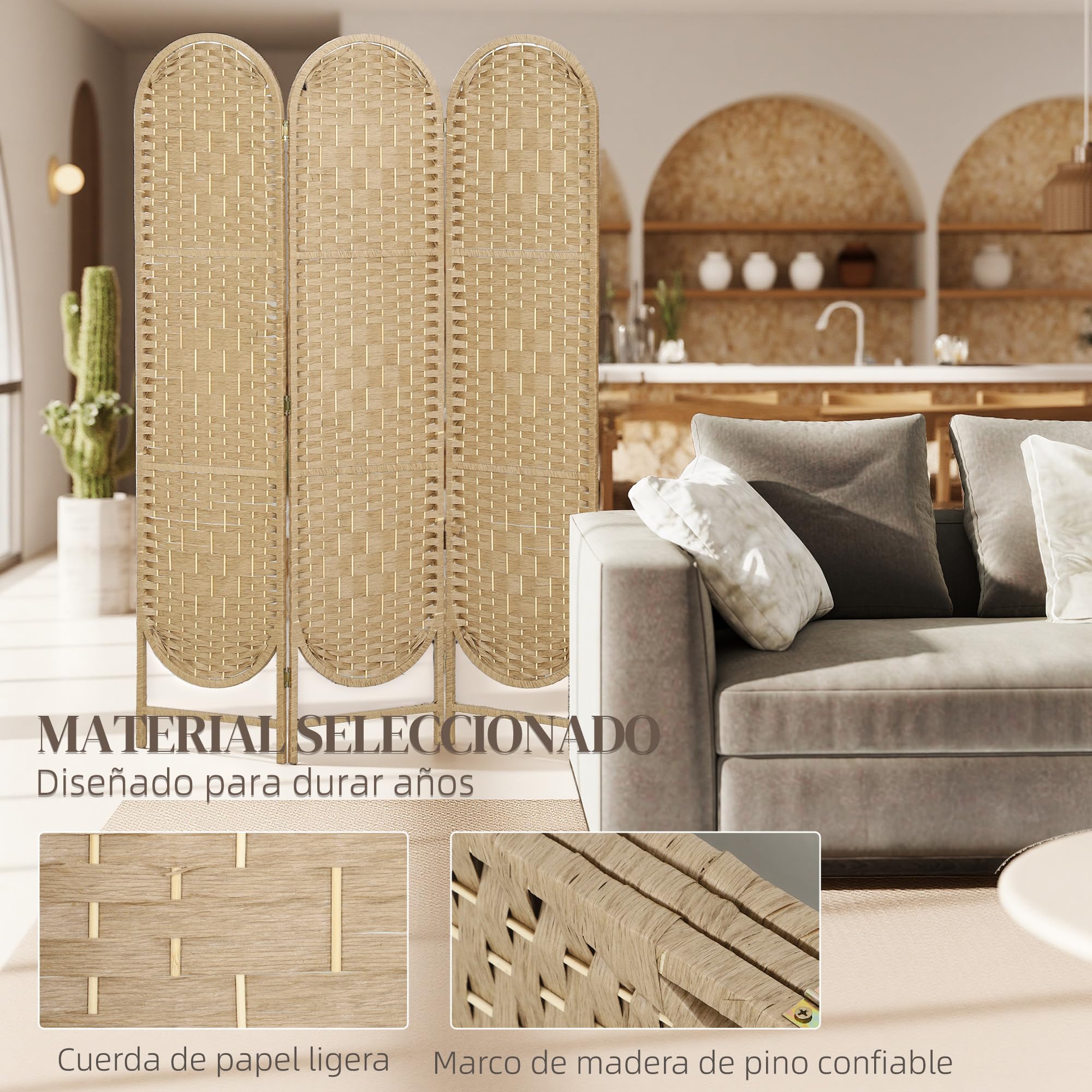 HOMCOM Biombo Separador de Ambientes de 3 Paneles, 120x170 cm, Pantalla de Privacidad Plegable Bohemio, con Parte Superior Arqueada, Tejido a Mano, Divisor Ligero para Oficina, Dormitorio, Natural
