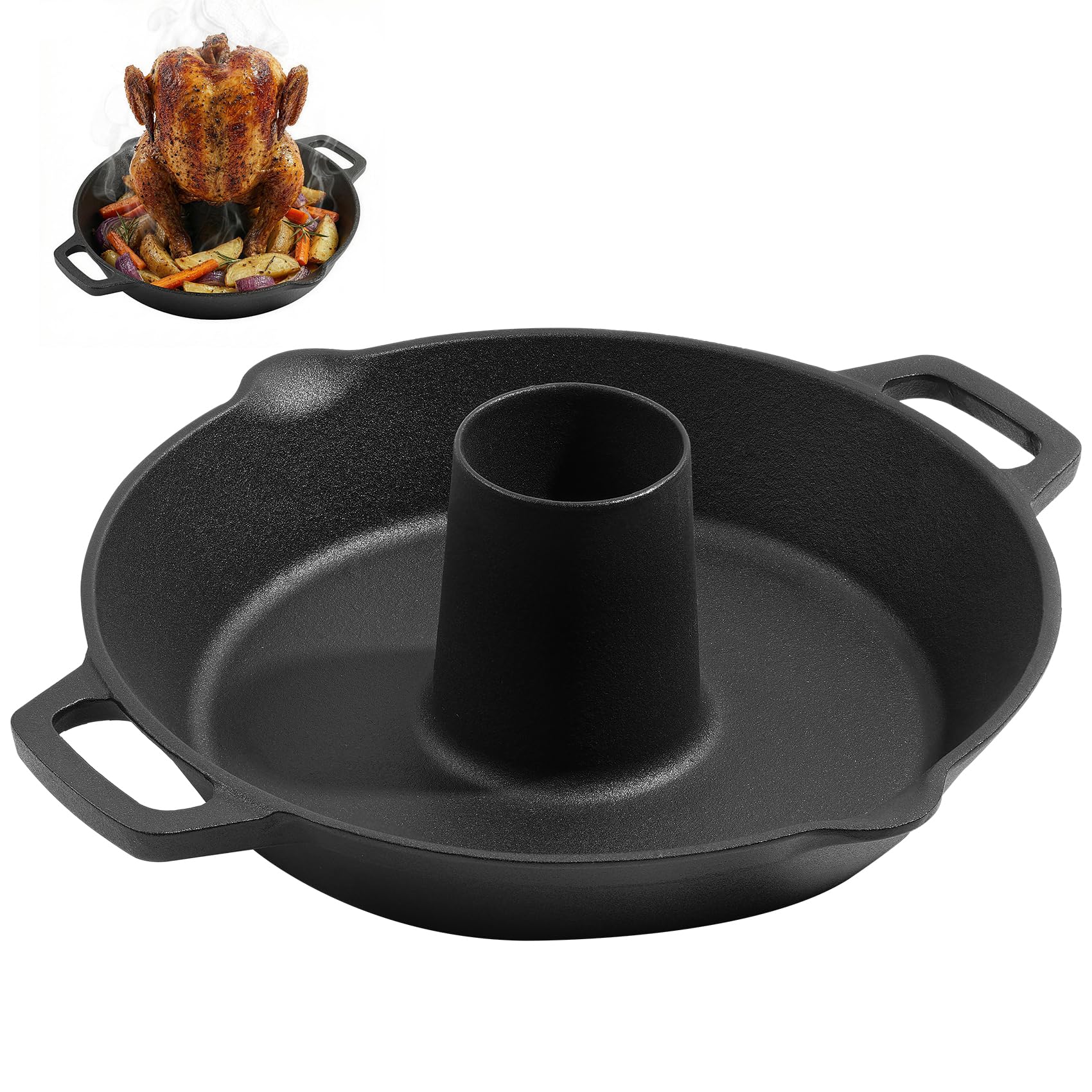 Onlyfire Cast Iron Chicken Roaster Stand, BBQ Poultry Roaster Pan with Pour Spout and Handle, Barbecue Accessory for Grill and Oven