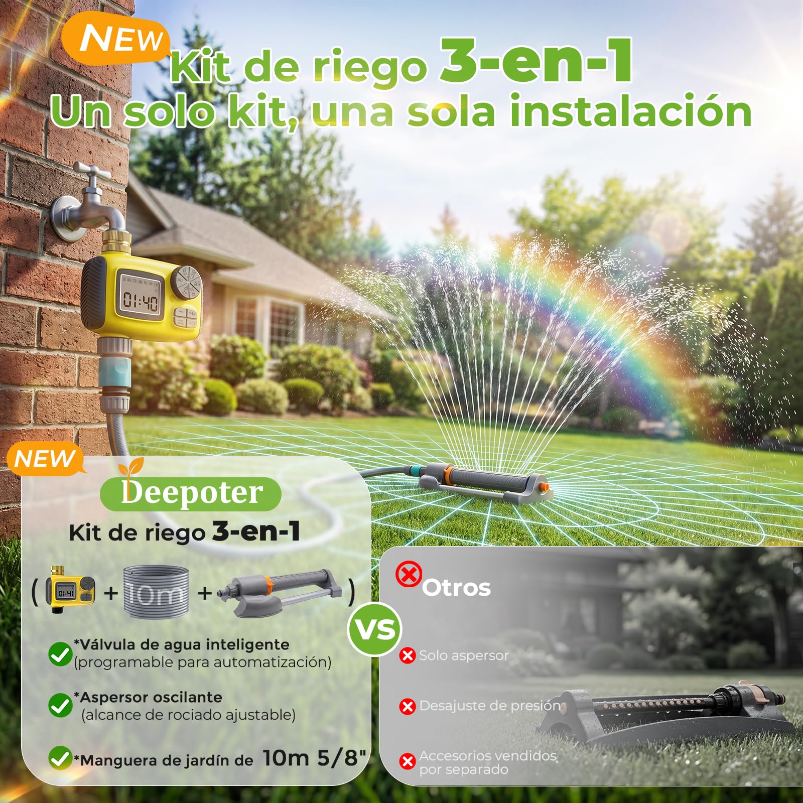 Deepoter 3 en 1 Aspersores de riego cesped con Programador, Temporizador Programable + Aspersor + Manguera Híbrida 10m & Conector de Latón, Riego Automático para Jardín