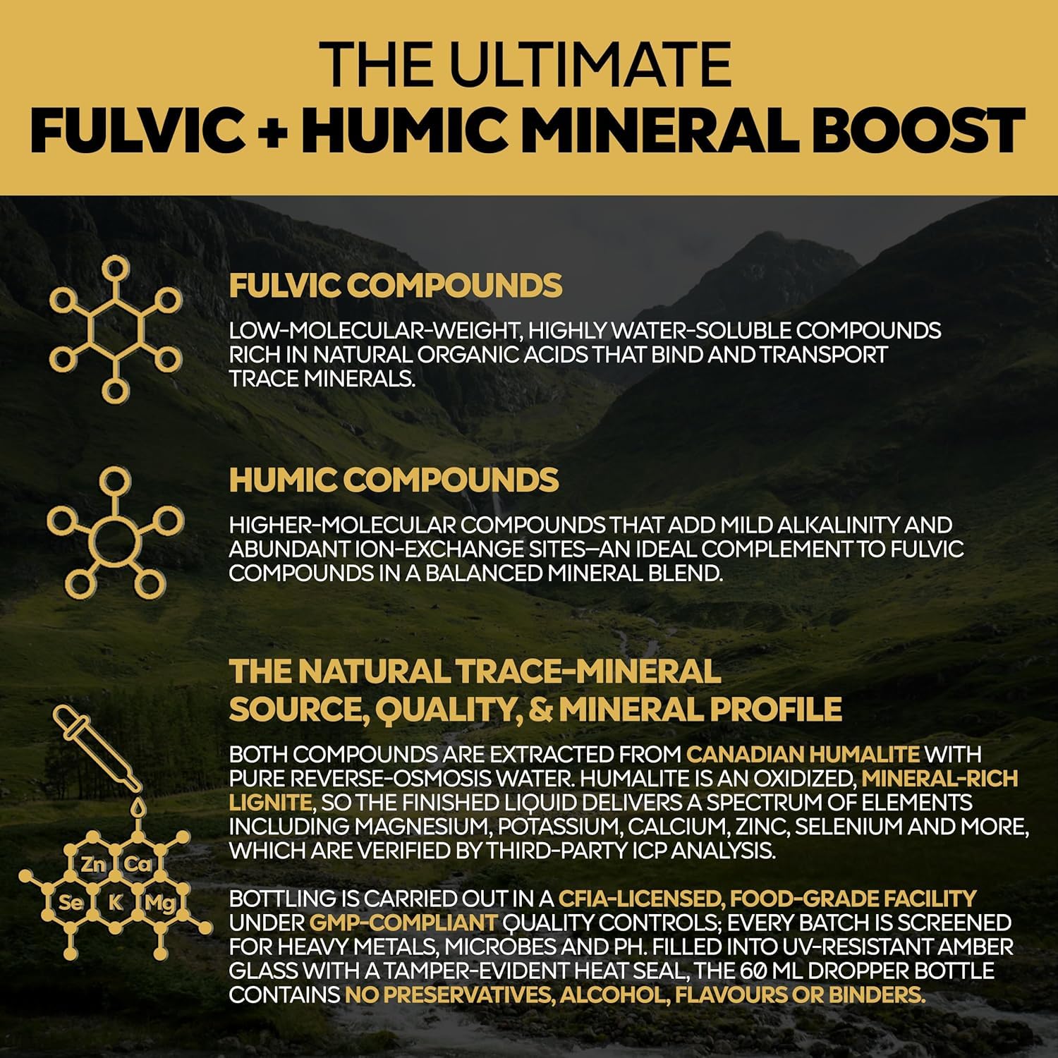 Fulvic + Humic Trace Mineral Drops, 3:1 Humic-Fulvic Blend | Water-Extracted from Canadian Humalite | 60 mL Amber Dropper | Third-Party Tested, No Preservatives/Fillers | GMP & ISO Verified — Amazon image 6