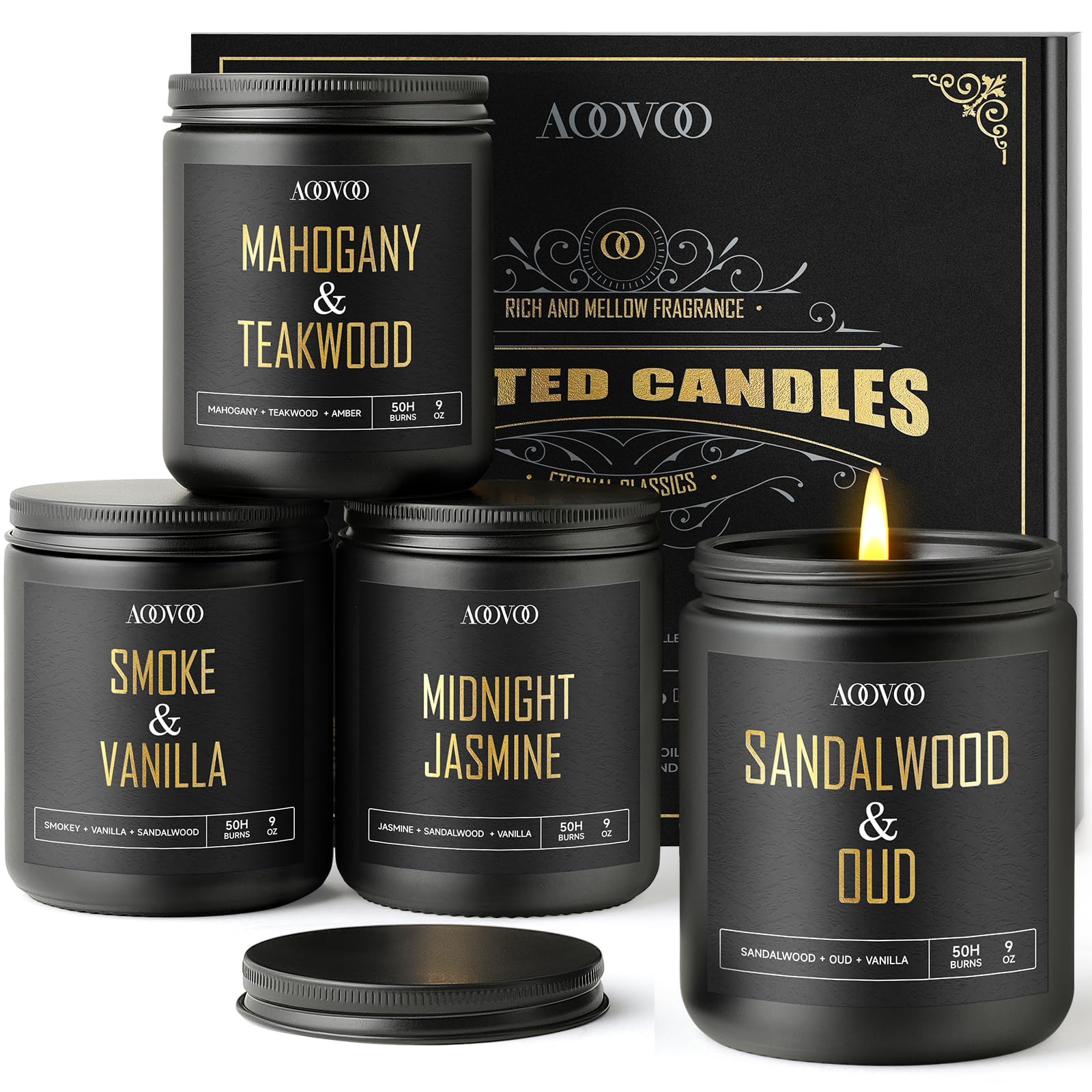 AOOVOO Juego de 4 velas perfumadas para hombre, velas para hombre, velas para el hogar, velas para hombre, regalos, aromas de sándalo y oud/ahumado y vainilla/caoba/teca/jazmín