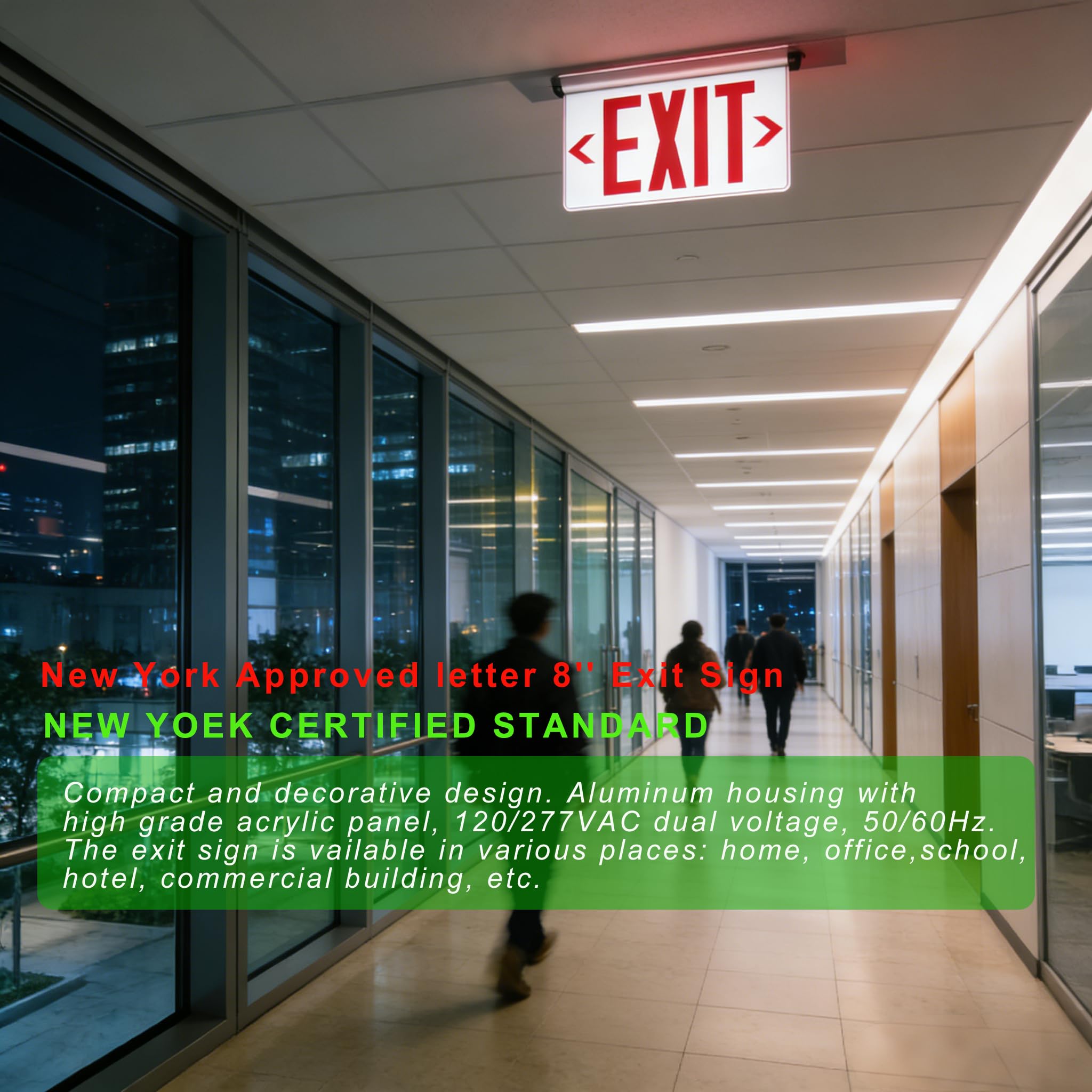 New York GRMSEL-200 - Luz de emergencia empotrada con letra de salida aprobada de 8 pulgadas, carcasa de una y doble cara, opcional, panel acrílico reemplazable, certificado UL, GRMSEL-200