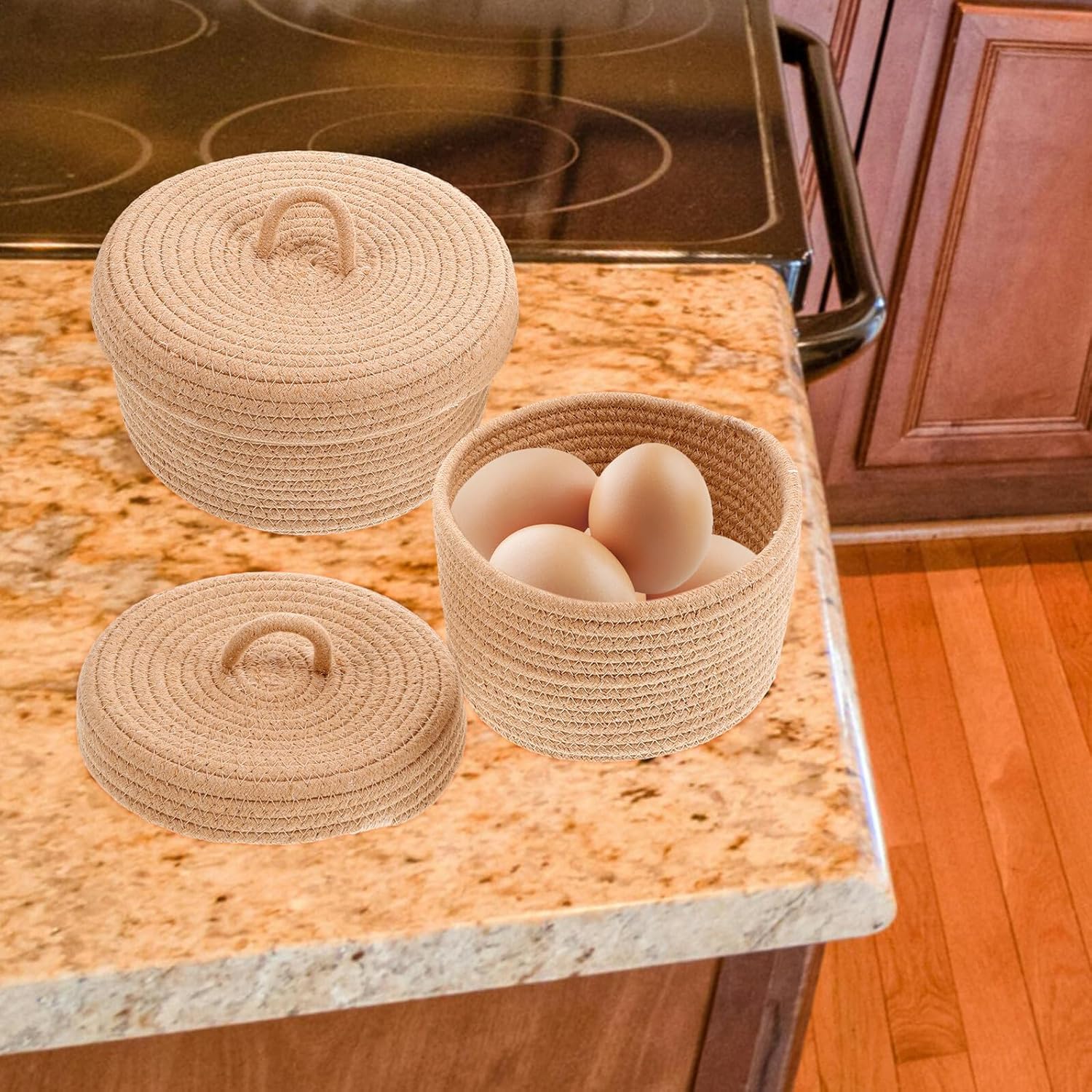 Sewroro 2pcs Woven Cotton Rope Storage Baskets for Home Organization, Decorative Sundries Containers, Tabletop Storage Bins for Snacks and Eggs