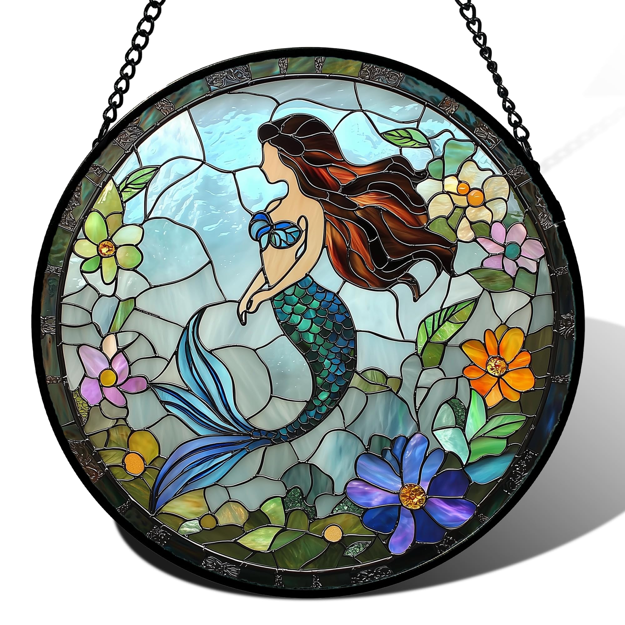 JOSUMALY Stained Glass Window Hanging - Light Blue Mermaid Suncatcher for Door Terrace Garden Home Decor, Ocean Flowers Sun Catcher Birthday Gifts for