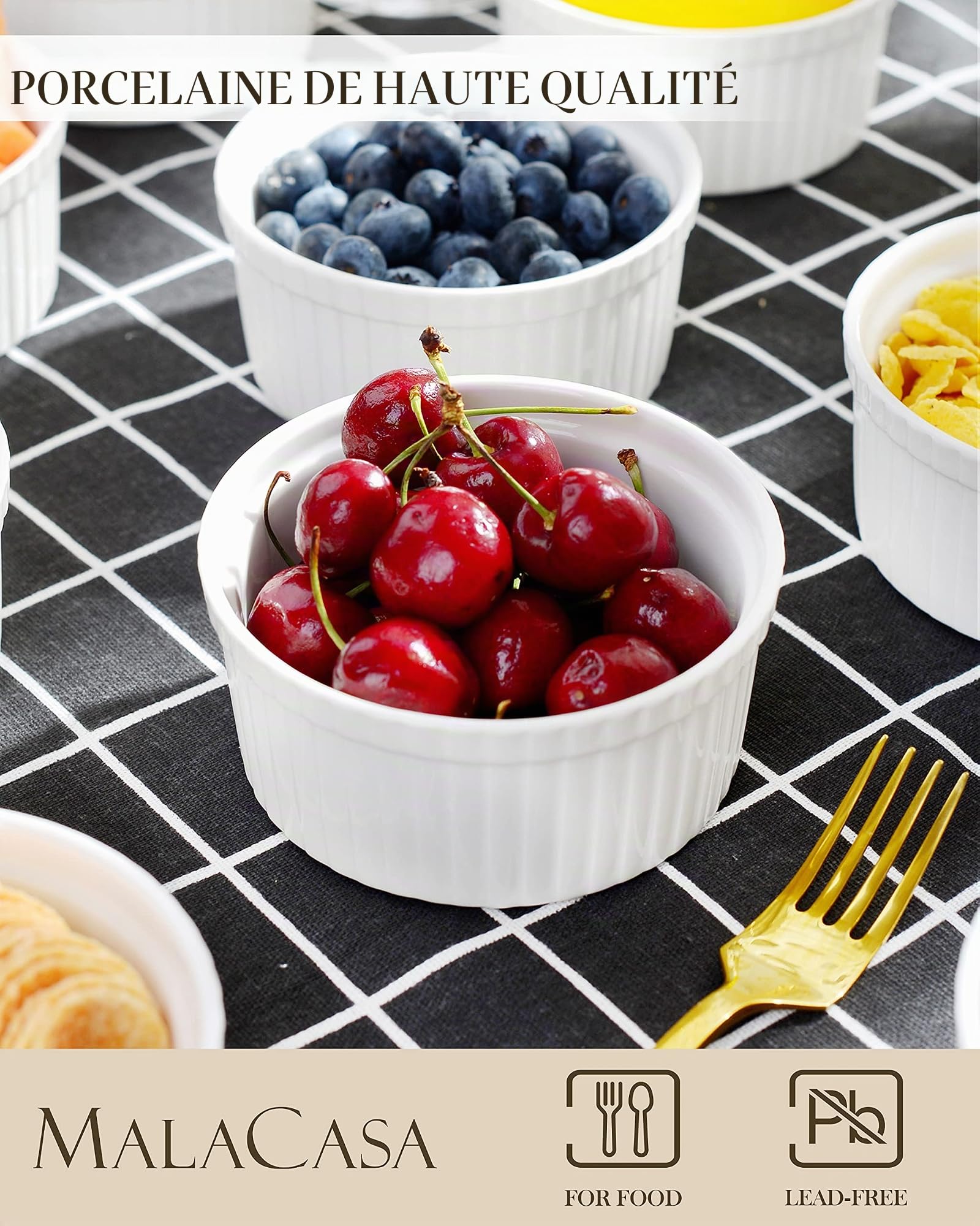 MALACASA Série Ramekin Dish, Lot 12pcs Mini Ramequin Terrines Moule à Pâtisserie Soufflé Crème Brulée Cupcake Muffin Bols Snack en Porcelaine 4,3"/11x11x5cm