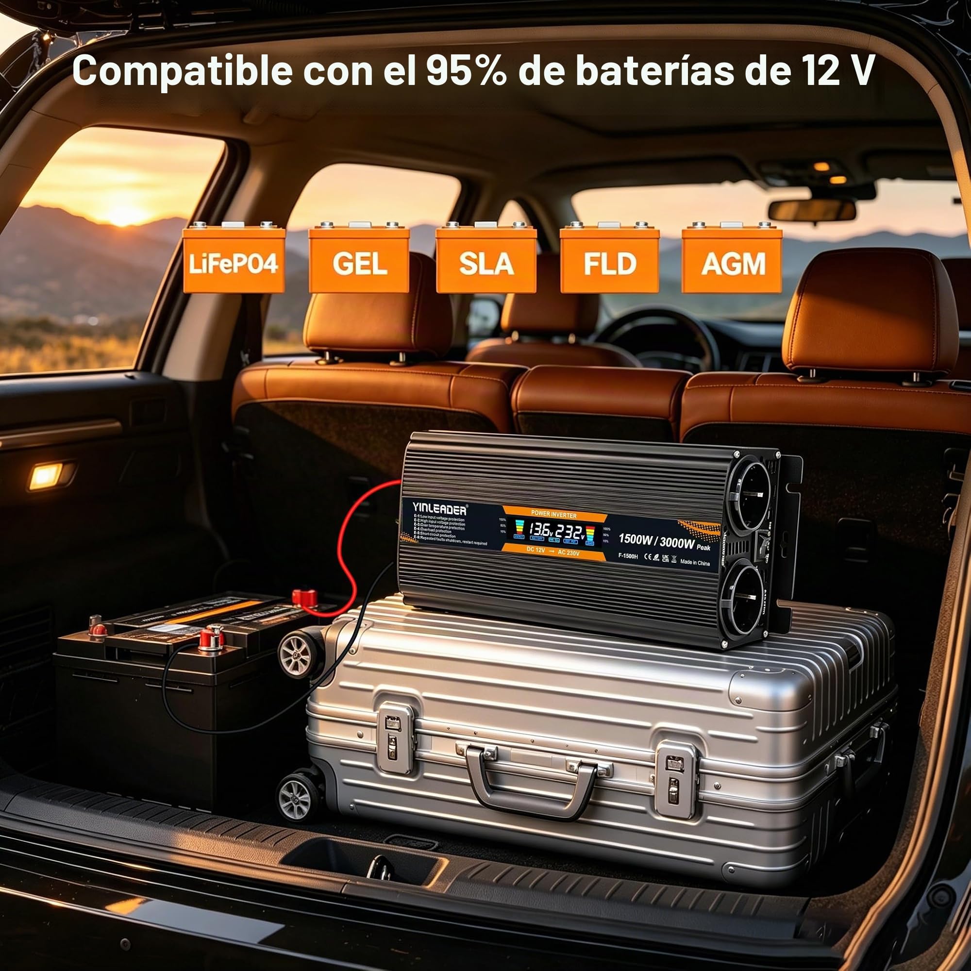 Inversor de corriente LCD de 12 V, 230 V, 1500 W/3000 W, inversor de corriente con 2 enchufes y 1 USB