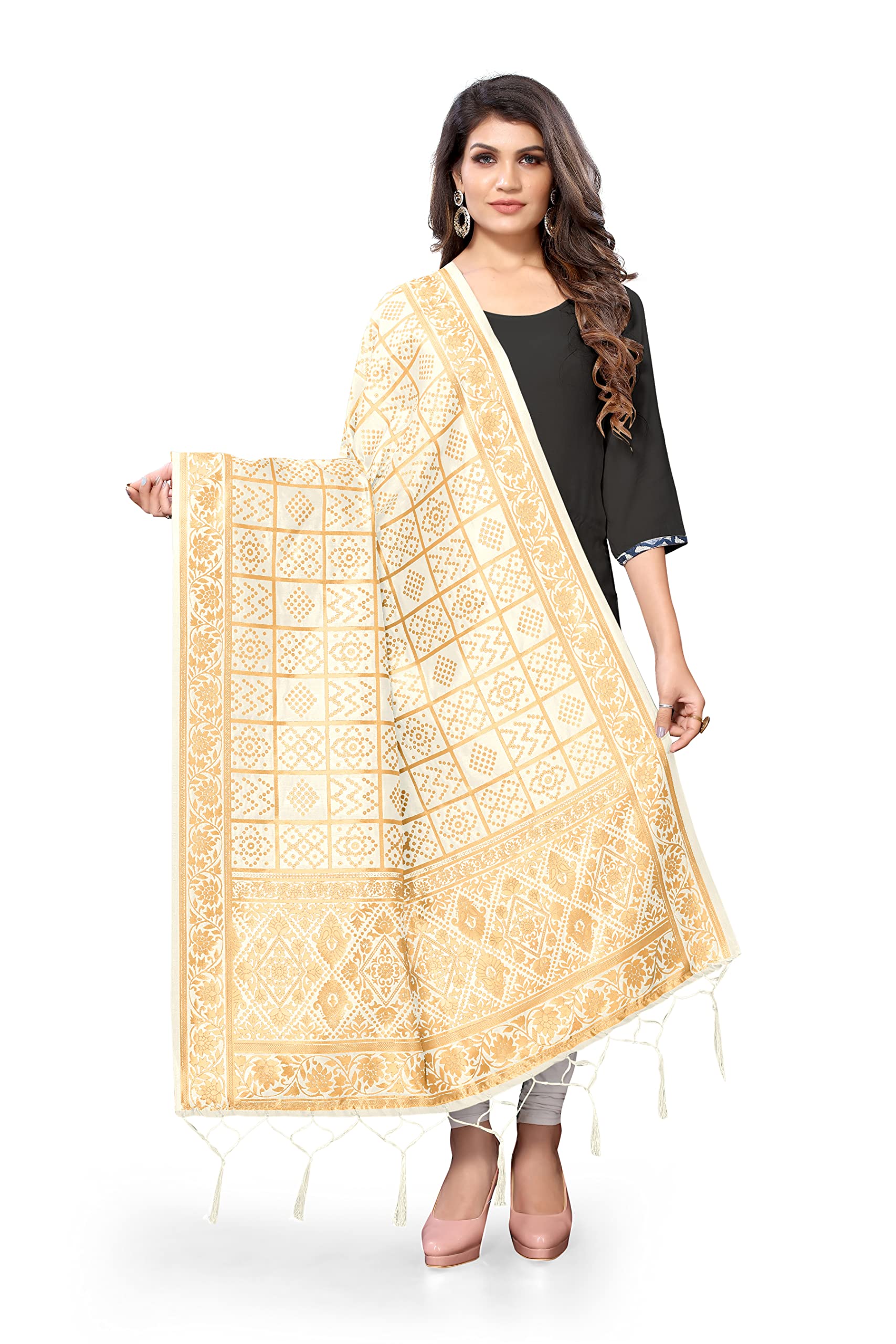 Jaanvi fashionWomen's Bandhani Floral Woven Silk Dupatta With Zari Work
