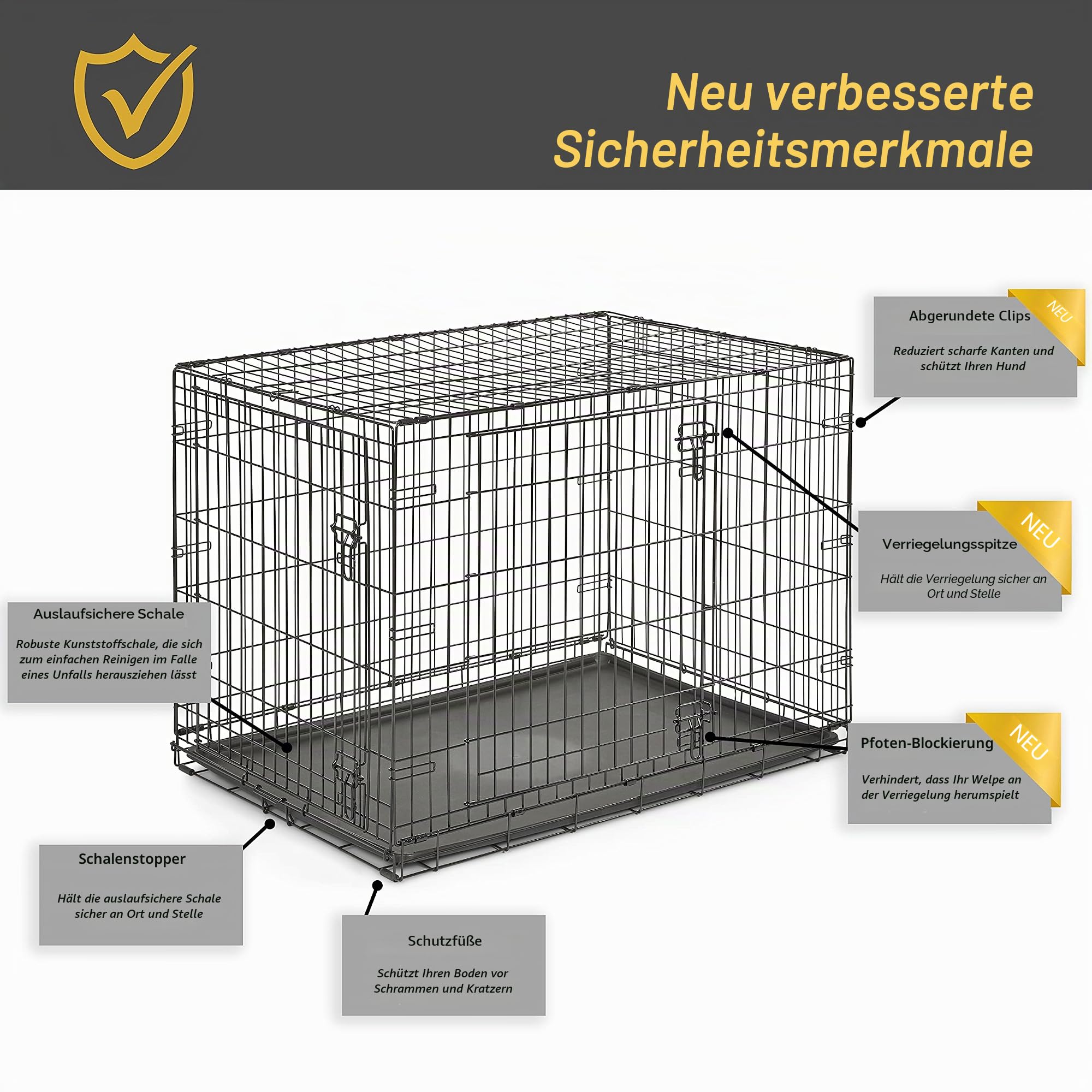 Zweitürige, zusammenklappbare Metall-Hundebox, 122 cm, verbesserte Sicherheit, inkl. auslaufsicherer Wanne, für extragroße Rassen