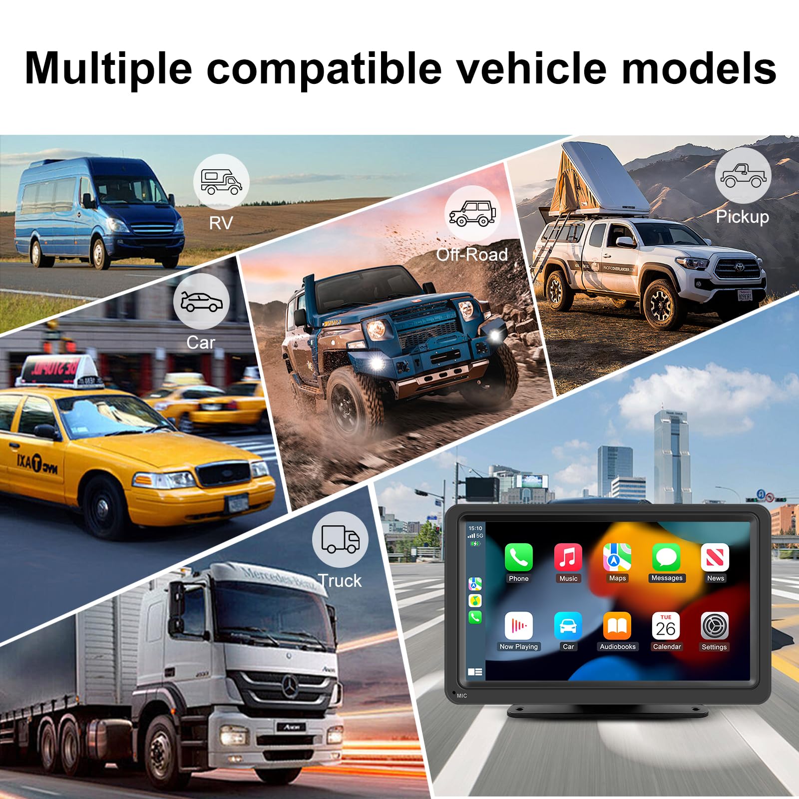 7 Zoll Tragbarer CarPlay Bildschirm mit Wireless Android Auto IPS Display | Mirror Link Tag-Nacht-Modus Bluetooth FM Transmitter AUX Eingang 12-24V Fahrzeuge und kompaktes Design für einfache Montage