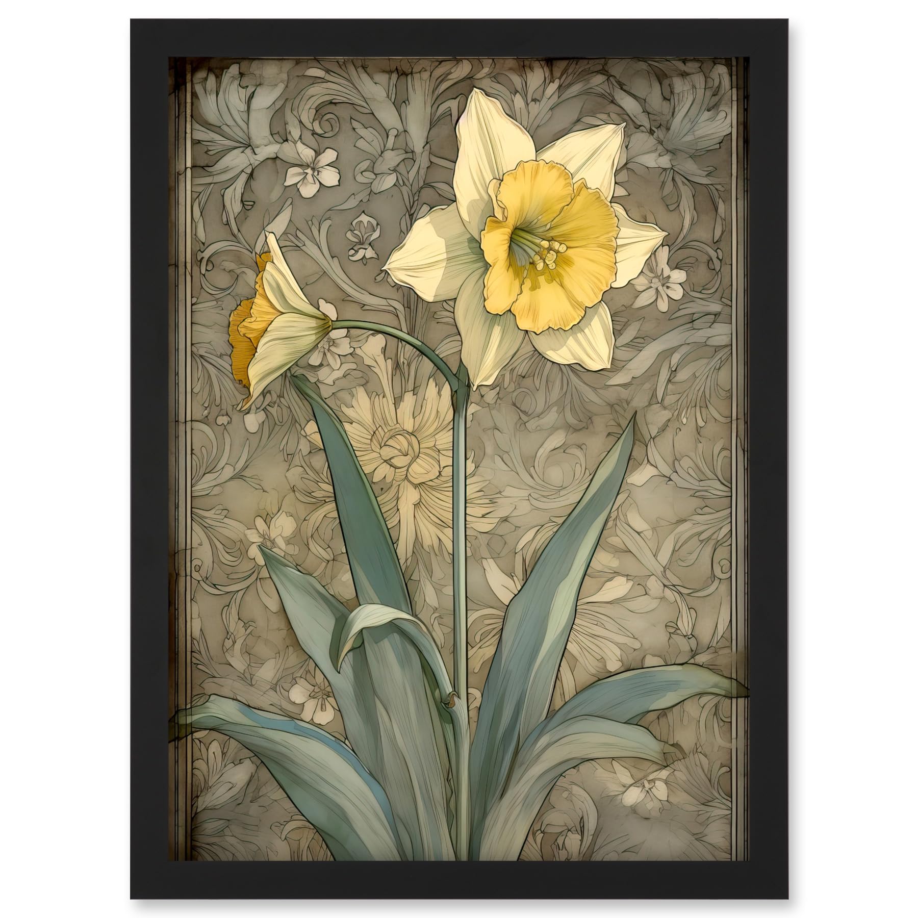 Artery8 Daffodil Flower Pastel Watercolour Art Nouveau Artwork Framed A3 Wall Art Print