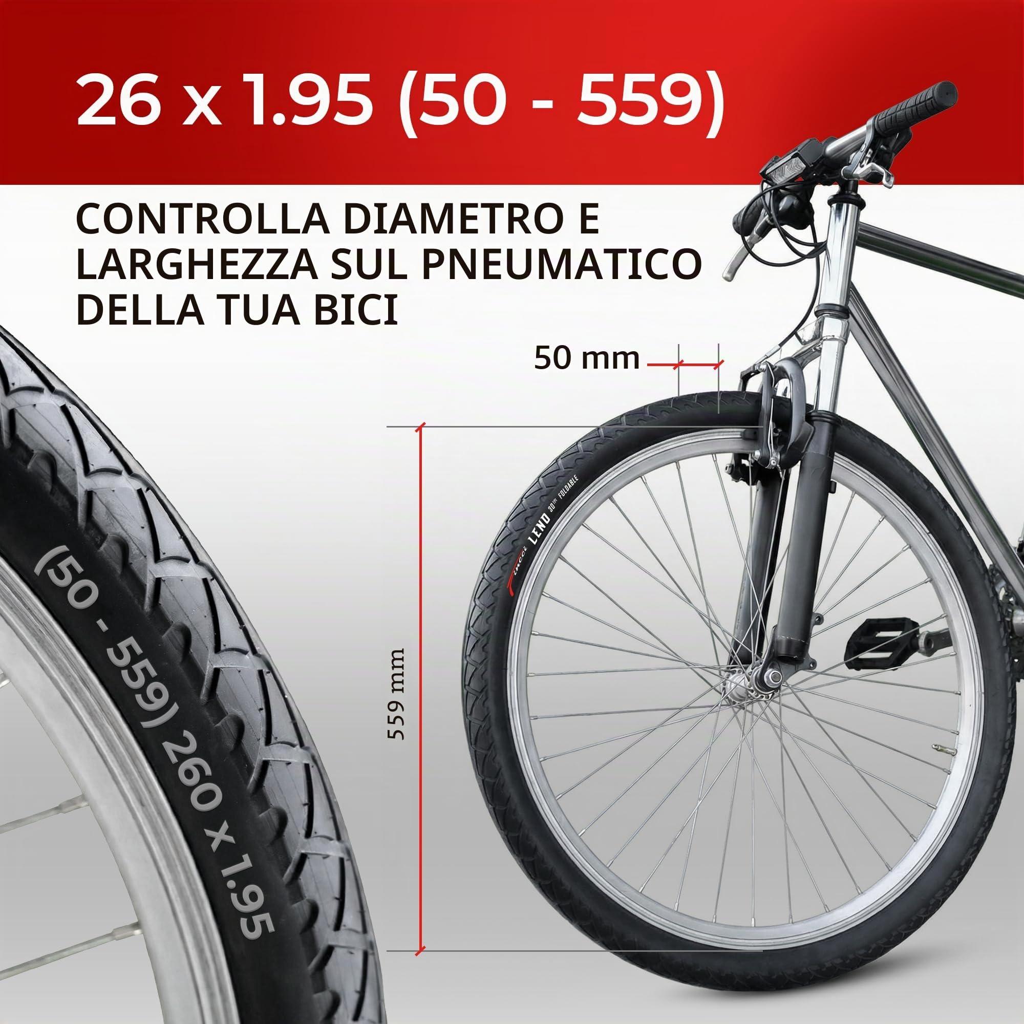 Fincci Pneumatici Bici 26 x 1.95 50-559 con Protezione Antipuntura 3mm | Copertone Bici 26x1.95 50-559 con TPI 30 e Pressione 40-60 PSI per una Maggiore Resistenza alle Forature - Set da 2