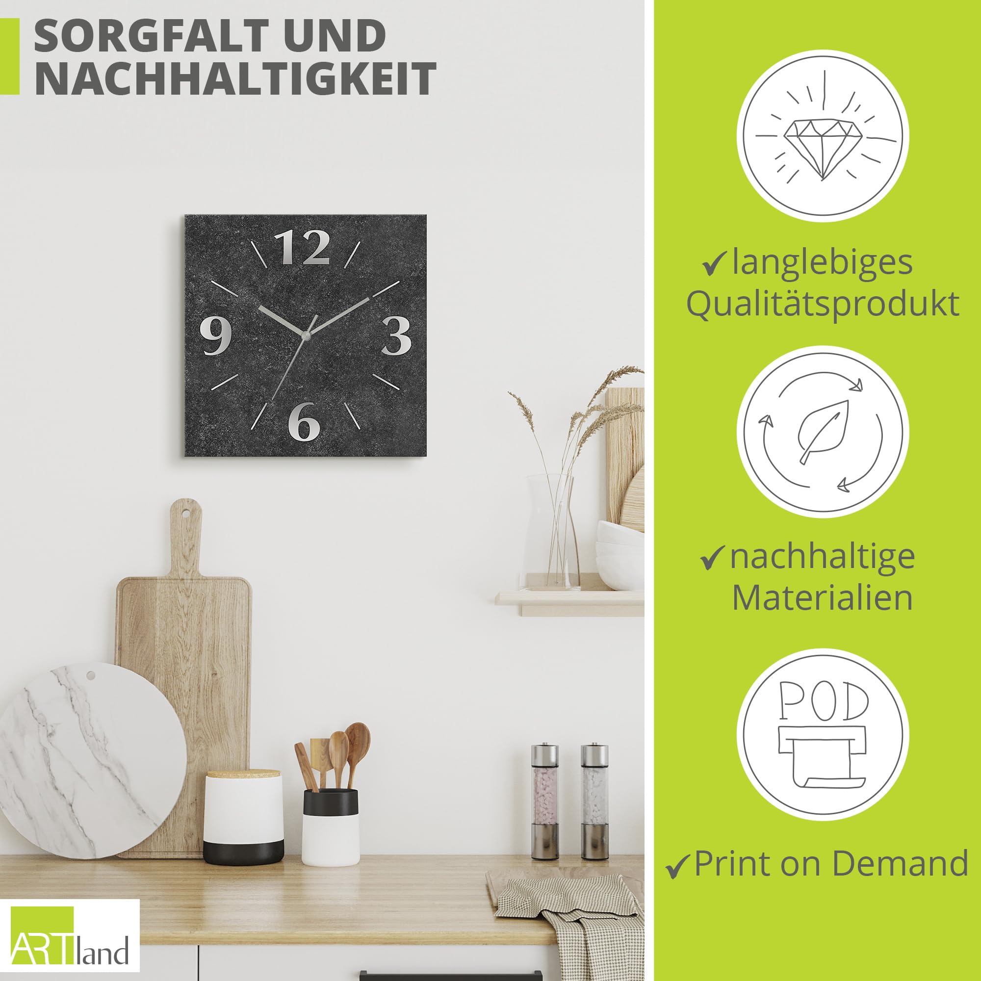 ARTLAND Wanddeko Wanduhr ohne Tickgeräusche Alu Funkuhr 30x30 cm Quadratisch Lautlos analoge Funkuhr, 4 Ziffern 30x30 cm Granitoptik Gesteinoptik Anthrazit J4XM