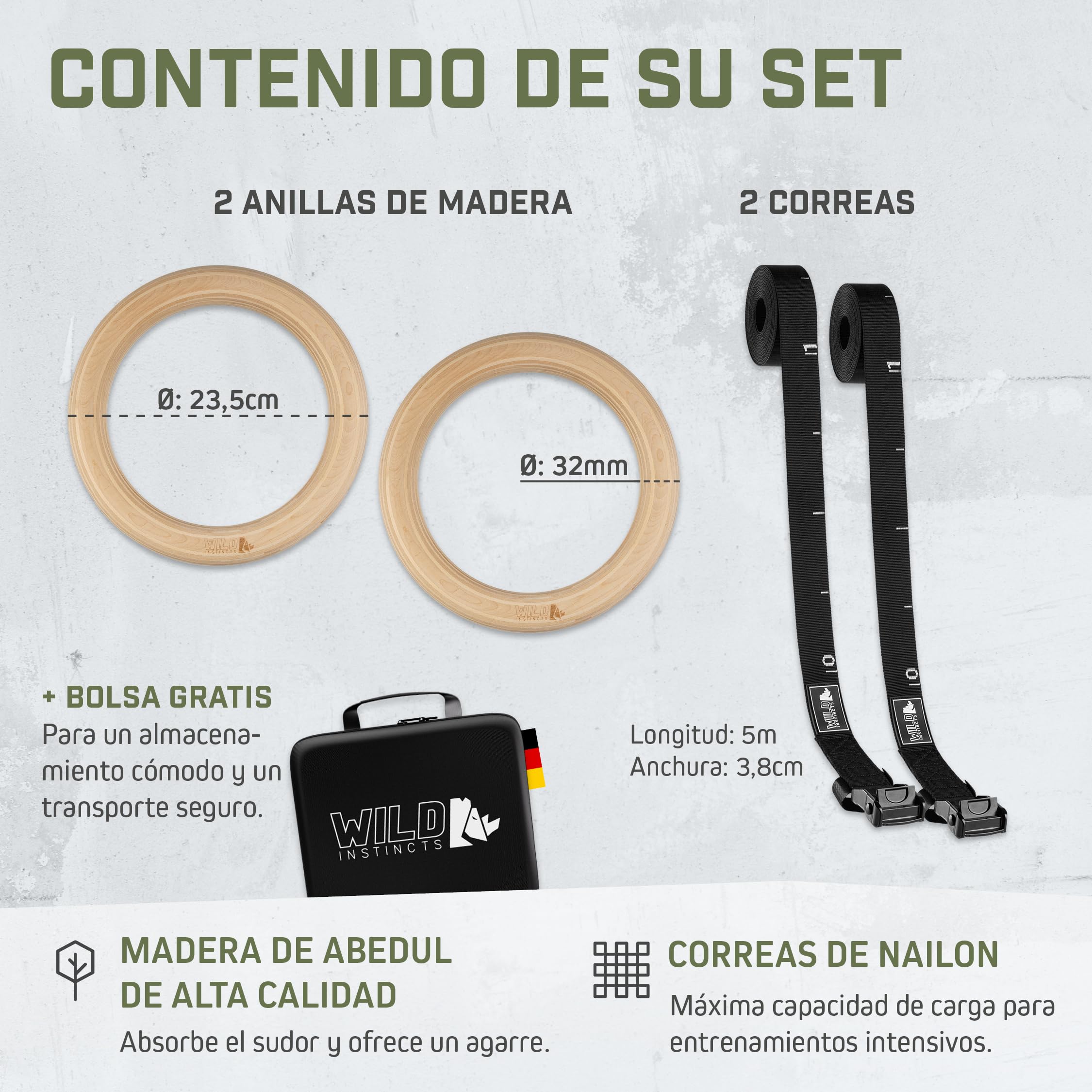Wild Instincts Anillas de Gimnasia de Madera 28mm / 32mm para Gimnasia y Calistenia/Gym Rings/Aros de Gimnasia/Exercise Rings/Anillas de Calistenia/Anillas Madera Fitness/Fitness Rings