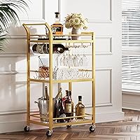 TUTOTAK Gold Mirrored 3-Tier Bar Cart with Wine Rack, Glass Holders & S-Hooks - Mobile Serving Cart for Home Bar Kitchen