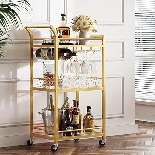 TUTOTAK Gold Mirrored 3-Tier Bar Cart with Wine Rack, Glass Holders & S-Hooks - Mobile Serving Cart for Home Bar Kitchen