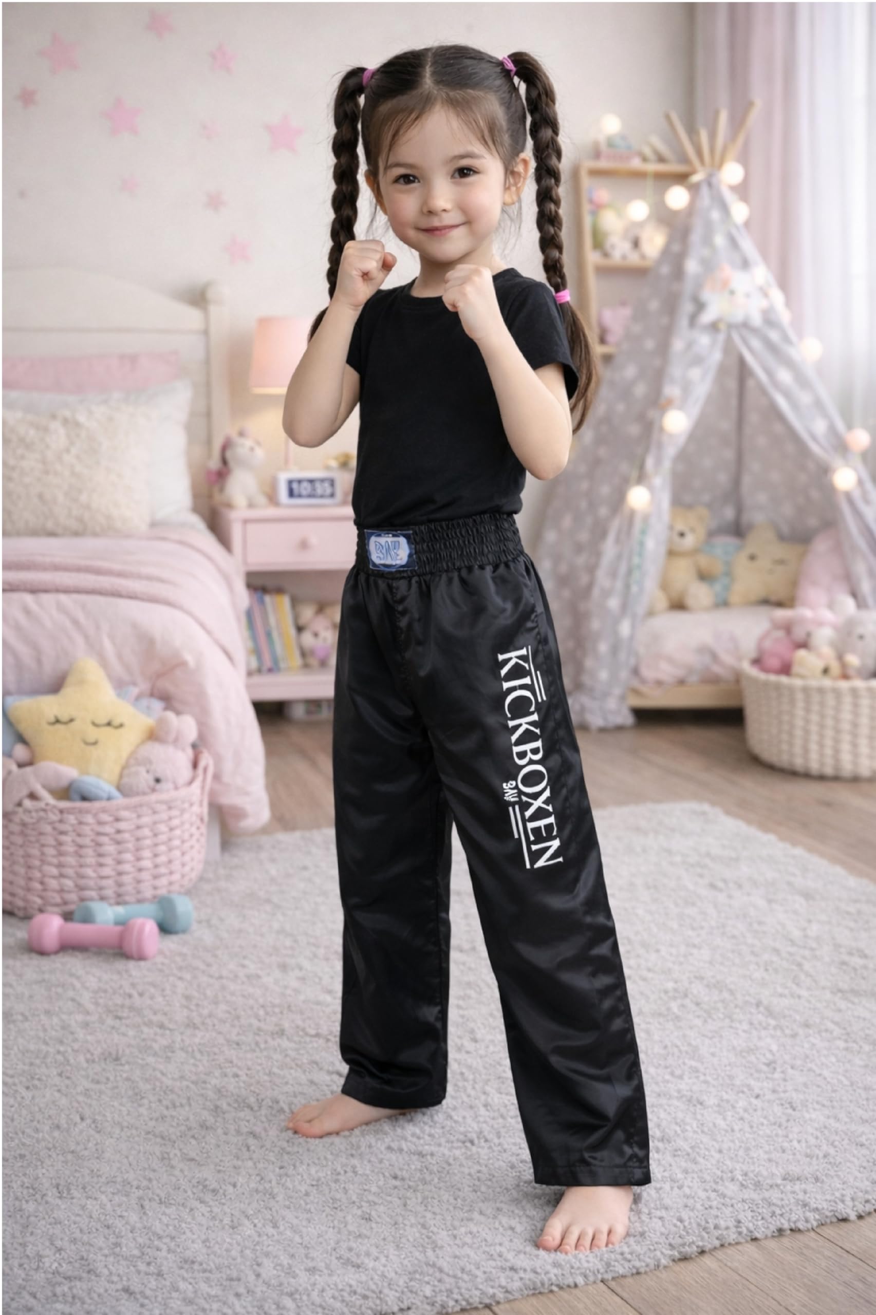 BAY Edel Stick Kickboxhose Kampfsporthose Schwarz lang Polyester gestickter Schriftzug Kickboxen Größen 6XS - XXL