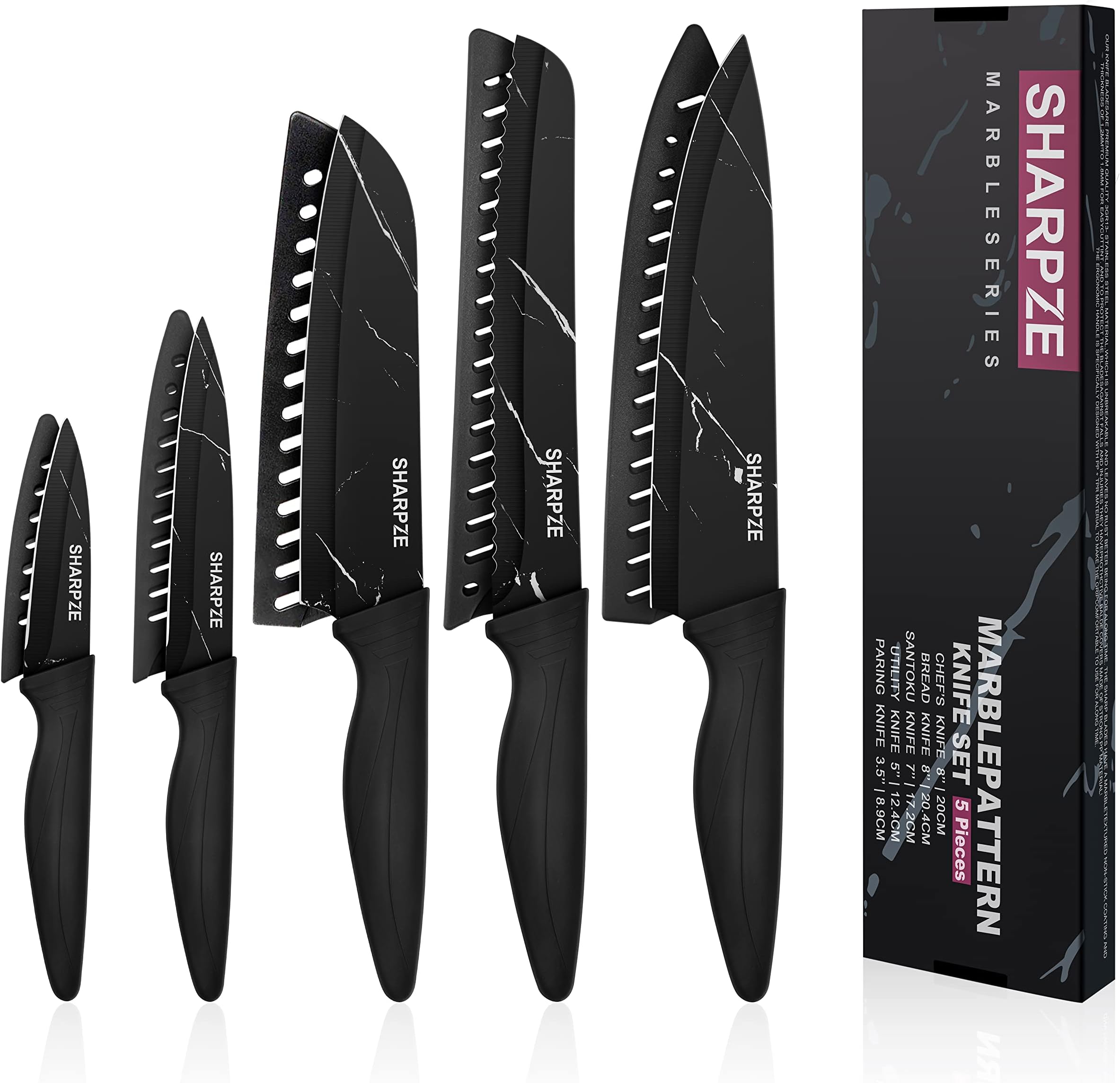 hecef Premium Kitchen Knife Set of 5, Satin Finish Blade with Hollow