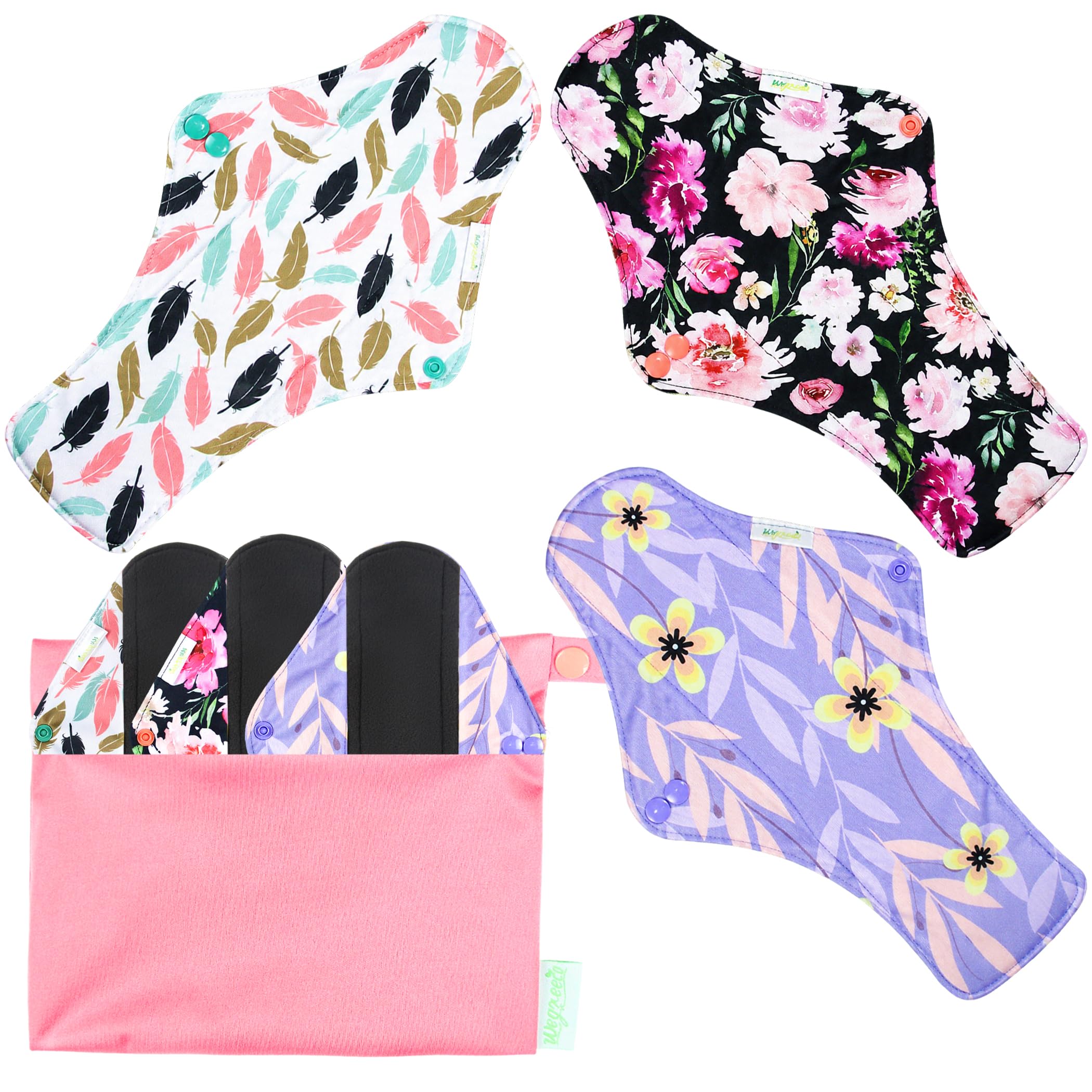wegreeco Charcoal Reusable Menstrual Pads - Reusable Sanitary Pads | Reusable Panty Liners | Soft Cloth Menstrual - 6 Pack with 1 Cloth Mini Wet Bag (X-Large, Flower 02)