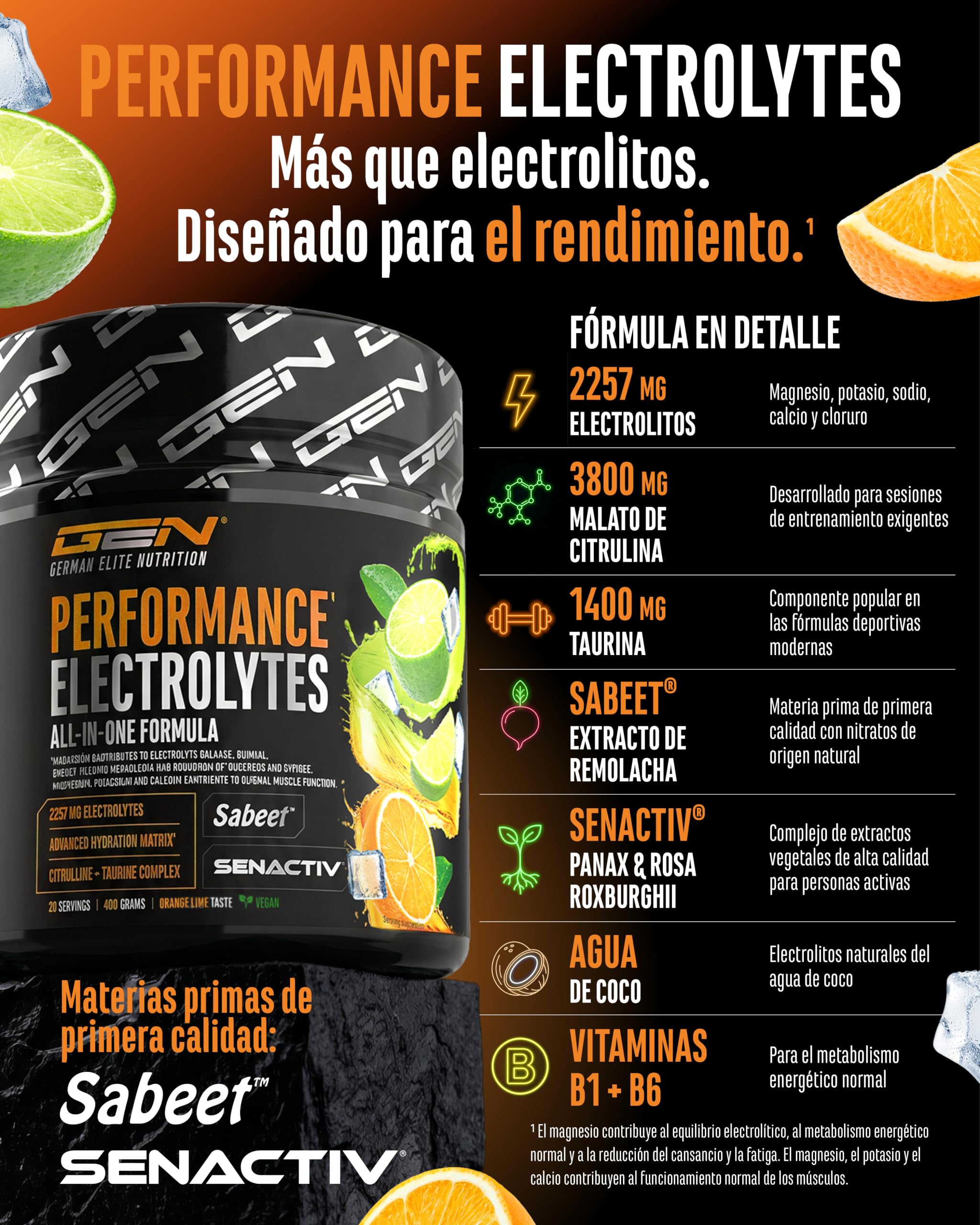 Performance Electrolytes - 400 g (20 Porciones) - Advanced Hydration Matrix con Sodio, Potasio, Magnesio, Calcio y Cloruro - con Citrulina y Taurina - Sin Azúcar - Vegano - Sabor Naranja Lima