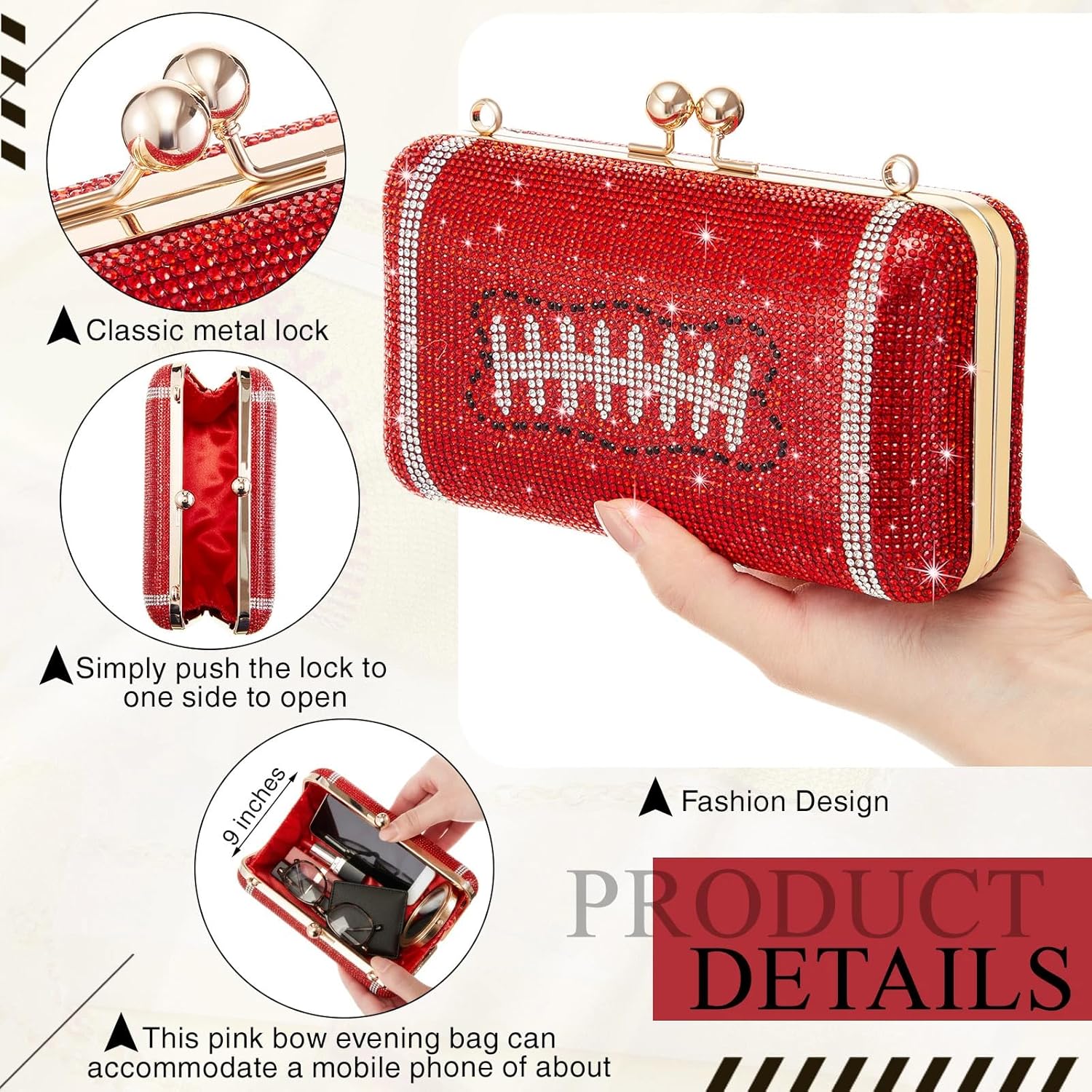 Dansydaisy Football Purse Rhinestone Bling Evening Bag Women Glitter Sparkly Crystal Rugby Novelty Clutch for Sports Party