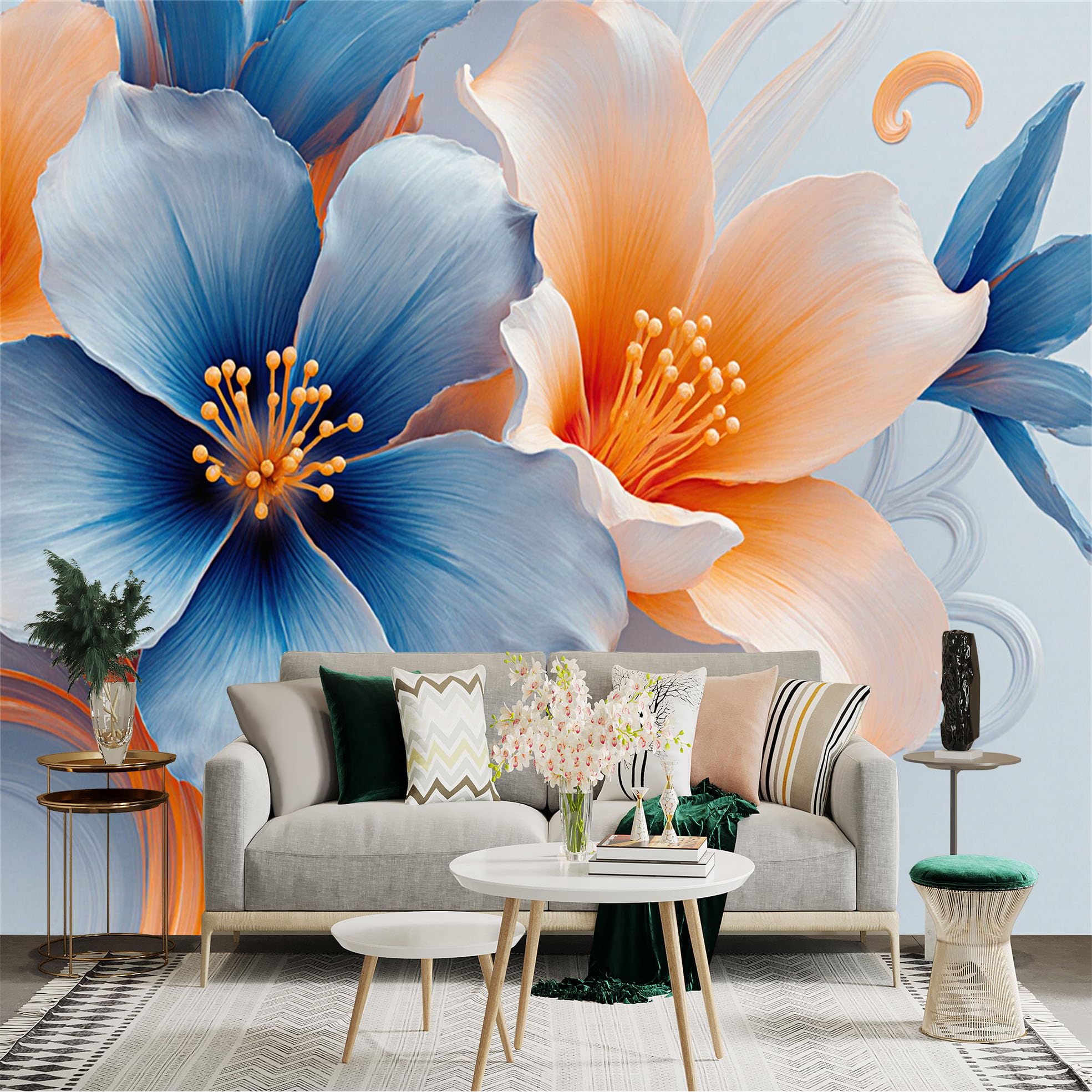 Custom Size Wall Sticker Mural， Blue and Orange Elegant Flowers， Modern Petal Art， Abstract Floral Blooms， Artistic Botanical Style， for wall Decoration， peelandstick wall Decals.