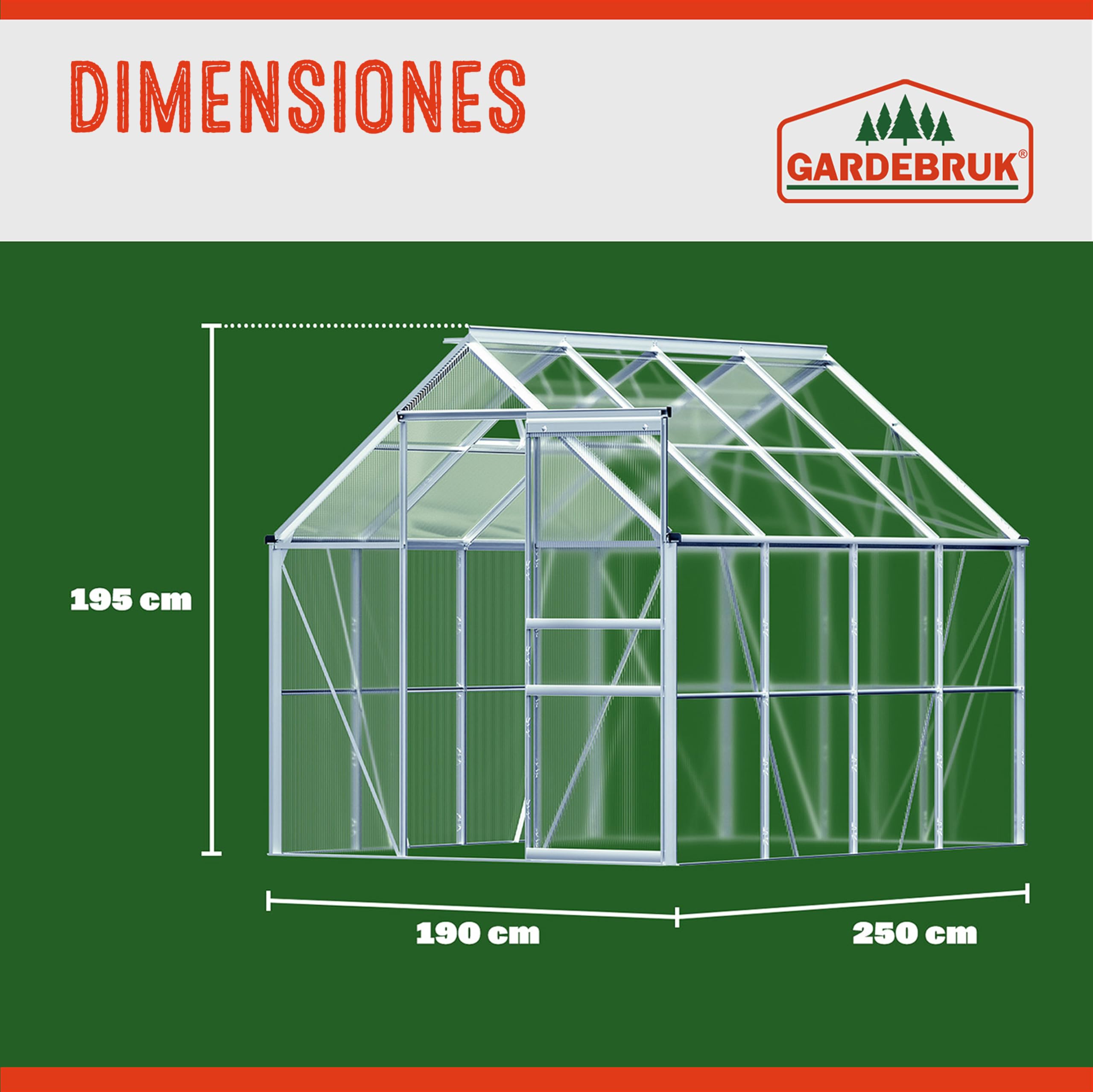 Gardebruk Invernadero de Jardín 4,75m² Vivero Caseta Plantas 250x190x195cm Cultivos Ventanas Policarbonato