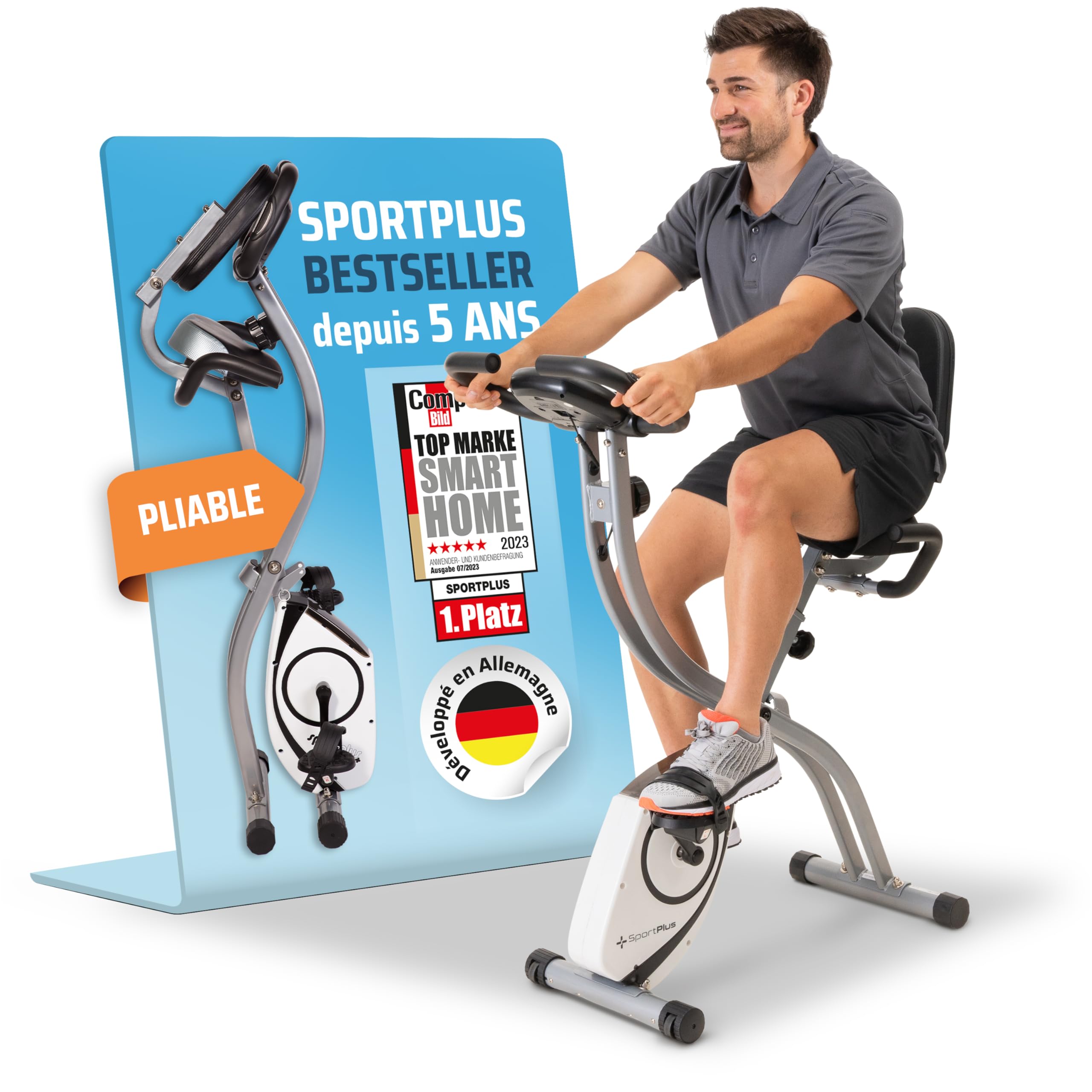 SportPlus vélo d'appartement pliable avec dossier - 8 niveaux de résistance (freinage magnétique silencieux), avec support tablette, capteur de fréquence cardiaque
