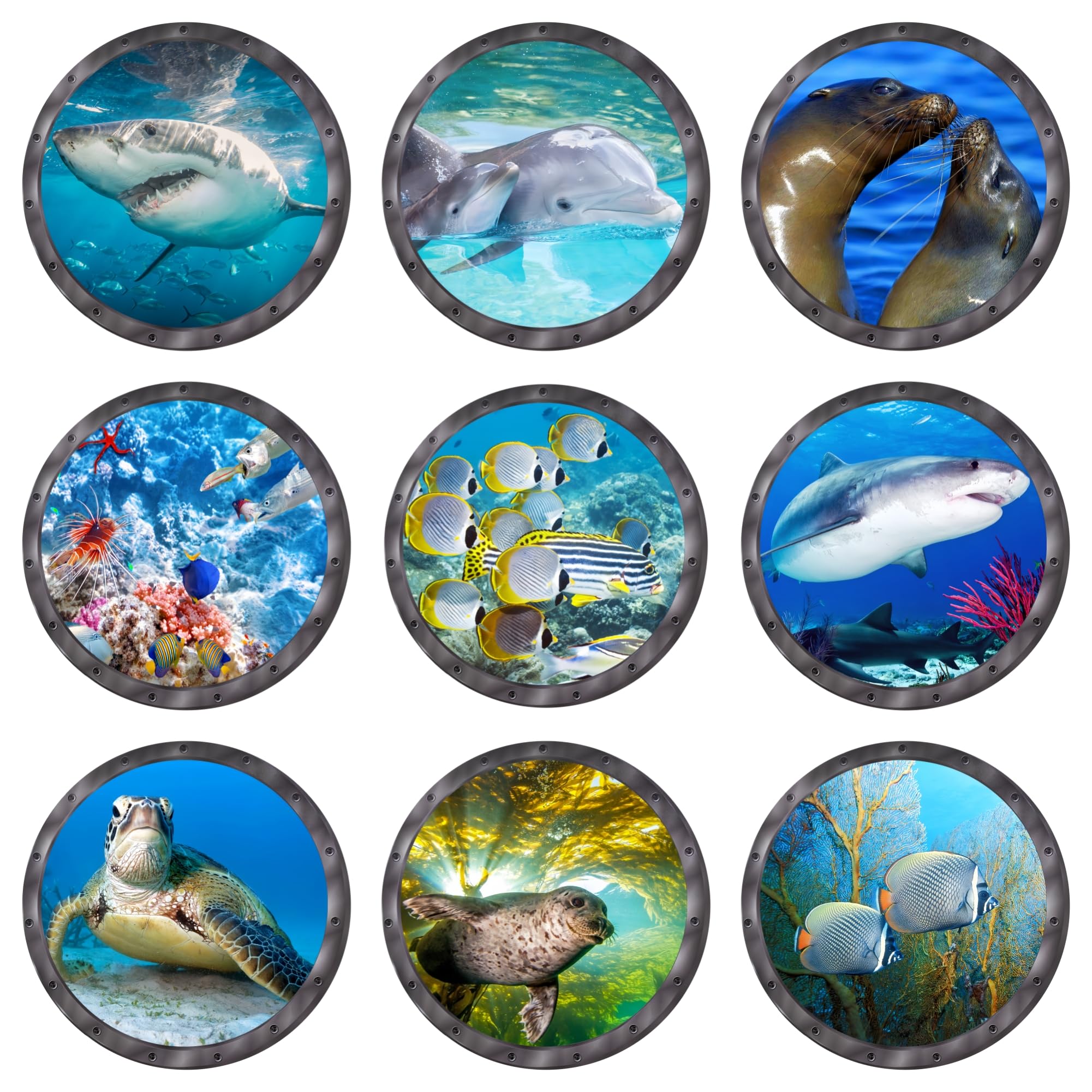 Ocean Animal Wall Decals 11 Inch Porthole Design Set for Nursery/Classroom- Easy Apply & Durable Adhesive (Set of 9)