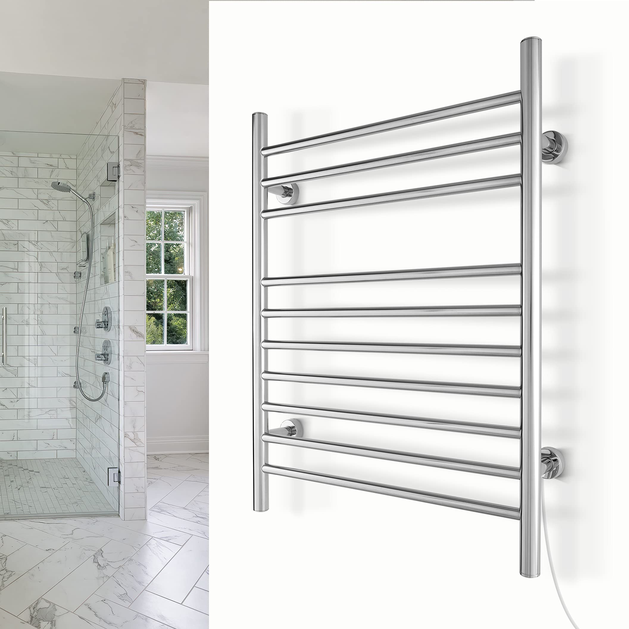 Toallero calefactado «WarmlyYours Infinity», 10 Barras, Acero Pulido | Calentador eléctrico de toallas de pared, 150 W, 10 barras calefactoras para toallas y albornoces, instalación con cableado