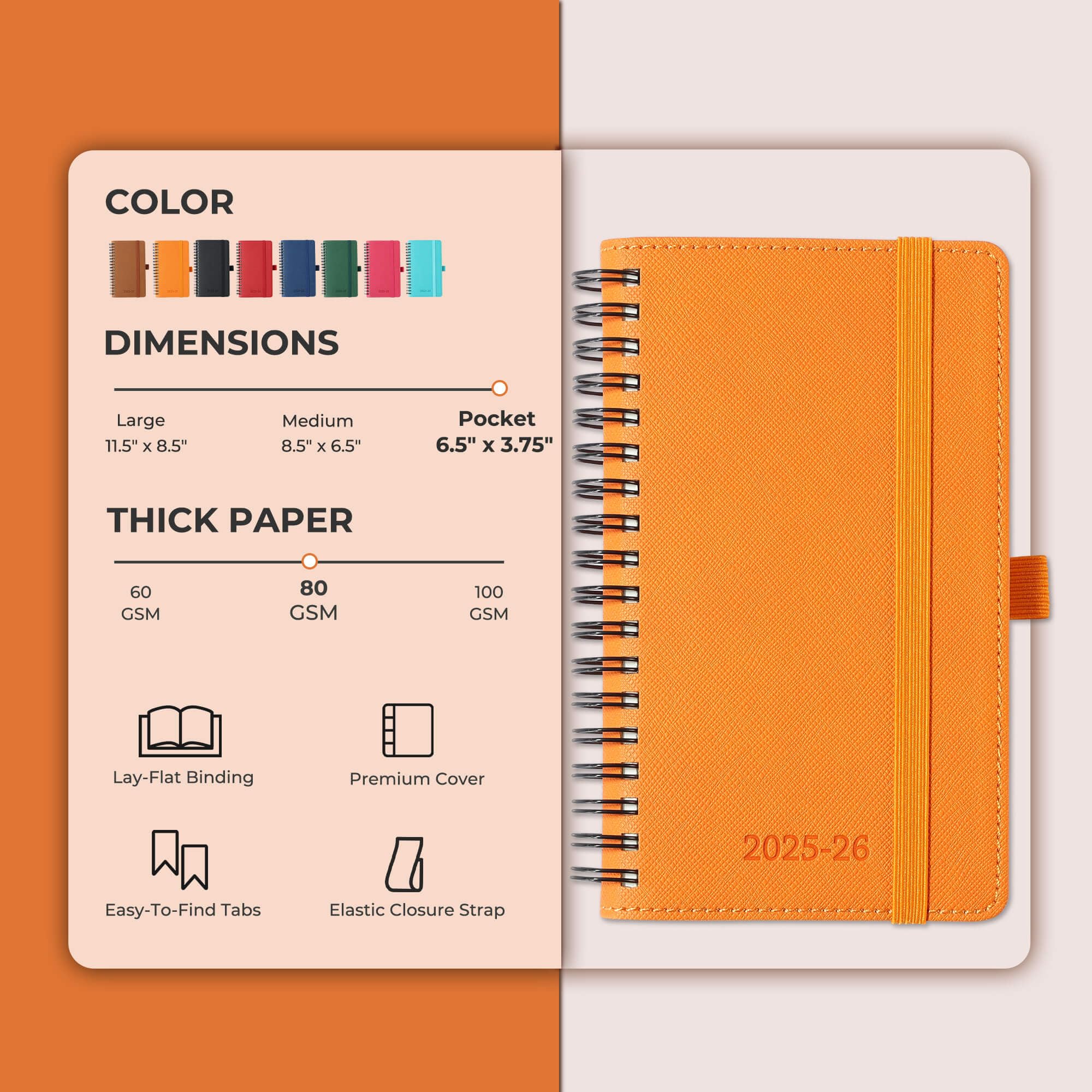 Agenda scolaire 2025-2026 journalier, hebdomadaire et mensuel, 16,5 x 9,5 cm, 18 mois à spirales avec porte-stylo autocollant, plan scolaire 2026 avec couverture souple en cuir végétalien