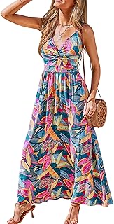 Women's Maxi Dress Floral Print Twisted V Neck Sleeveless Long Dress Summer Casual Dress