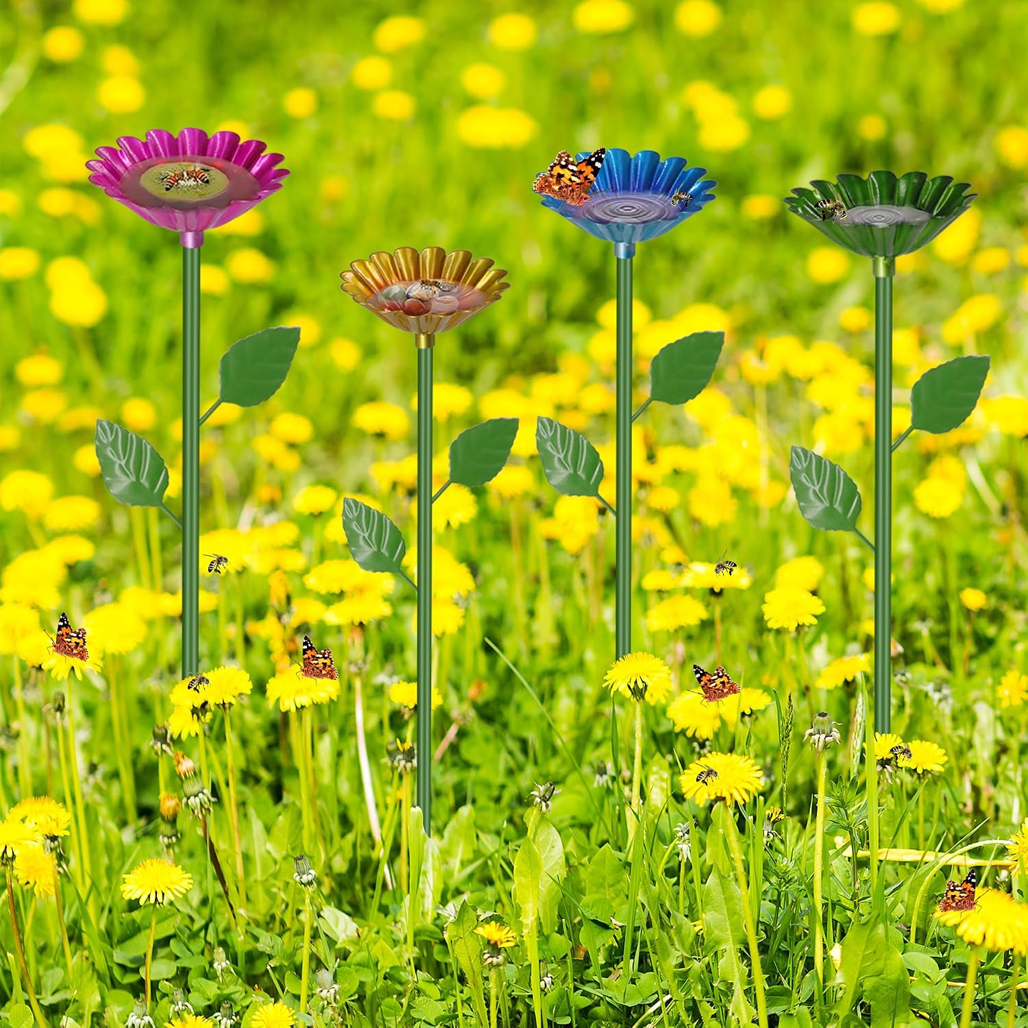 4 Pack Bee Watering Station with Flower Design, Bee Butterfly Bath Bowl for Outdoor Garden Yard Decor image 3