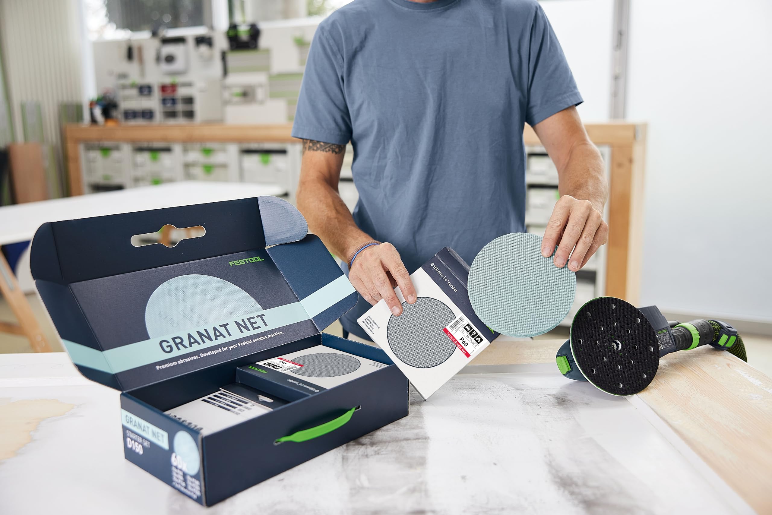Festool Granat Net D150 GR Netzschleifmittel Set für Exzenterschleifer | Effizientes Schleifgitter-Sortiment mit Protection Pad für 150mm Schleifteller, hohe Absaugung & Materialabtrag