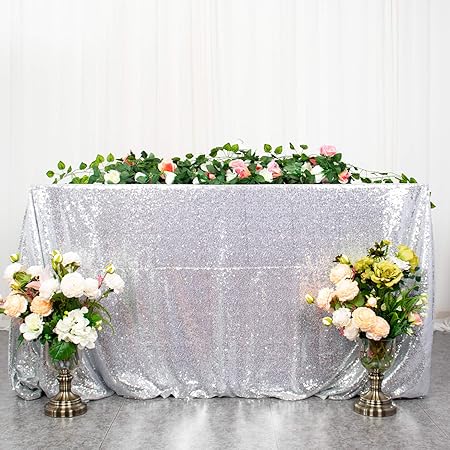 ShiDianYi 90inx156in Silver Sequin Tablecloth, Silver Wedding Tablecloth, Silver Glitter Tablecloth, Silver Sparkly Tablecloth