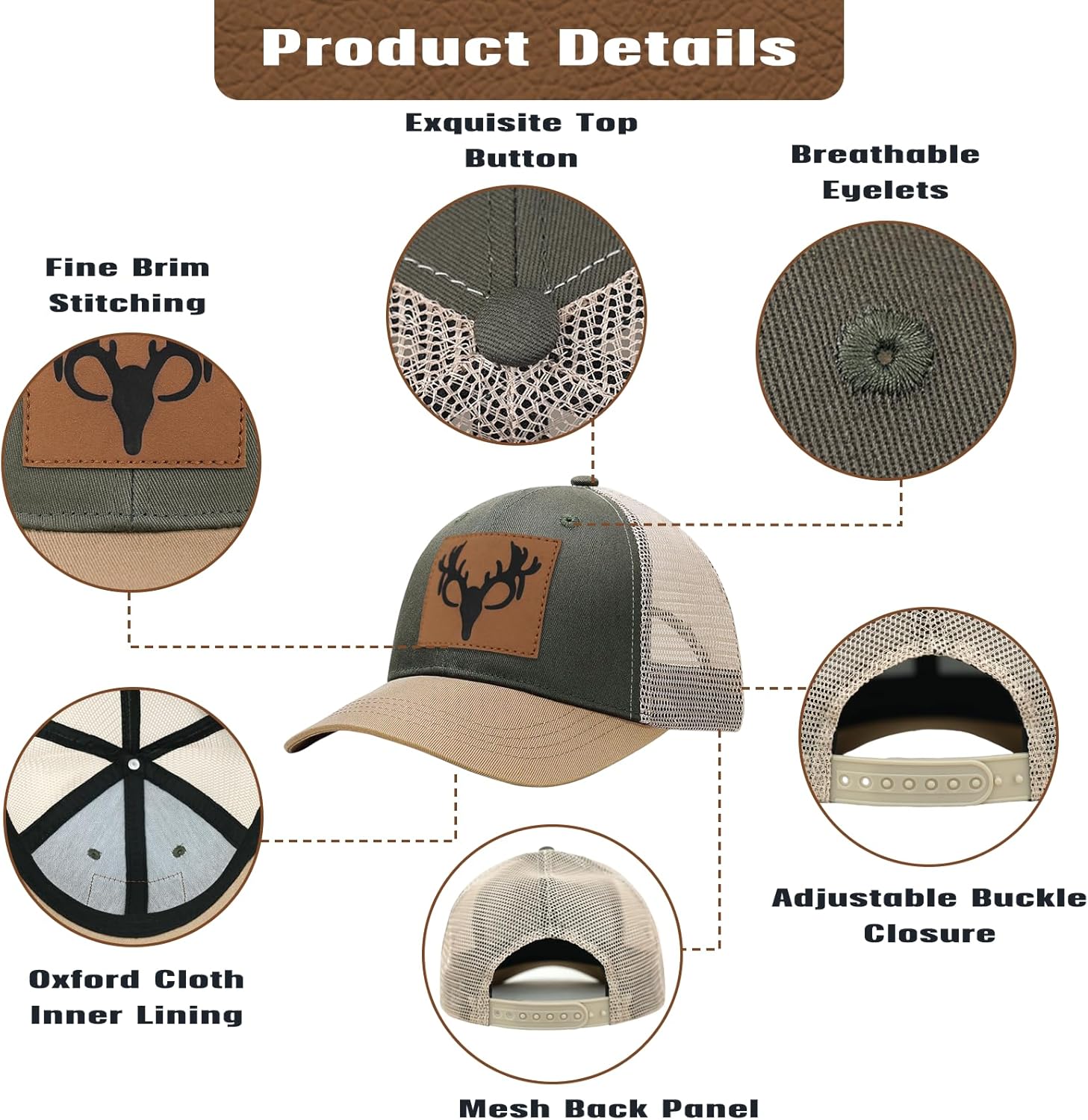 Hunting Deer Hat, Snapback Trucker Hats Leather Patch Mesh Baseball Cap Hunter Gifts for Men Dad Grandpa - Image 5