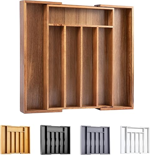 Bellsal Organizador de cubiertos de acacia, organizador de cajones de cocina, soporte de utensilios de bambú expandible, bandeja para utensilios de