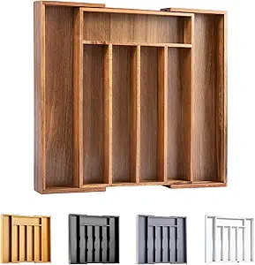Bellsal Acacia Silverware Organizer Kitchen Drawer Organizer Expandable Bamboo Utensil Holder Cutlery Tray for Kitchen Utensil and Flatware Bedroom Office
