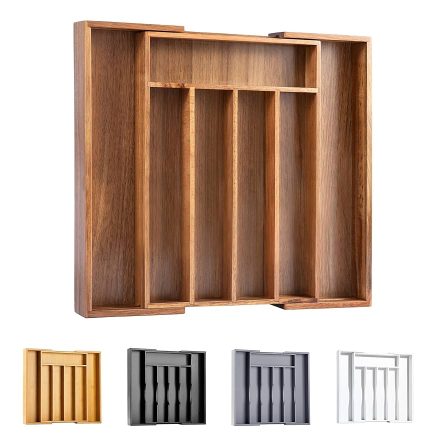Bellsal Acacia Silverware Organizer Kitchen Drawer Organizer Expandable Bamboo Utensil Holder Cutlery Tray for Kitchen Utensil and Flatware Bedroom Office