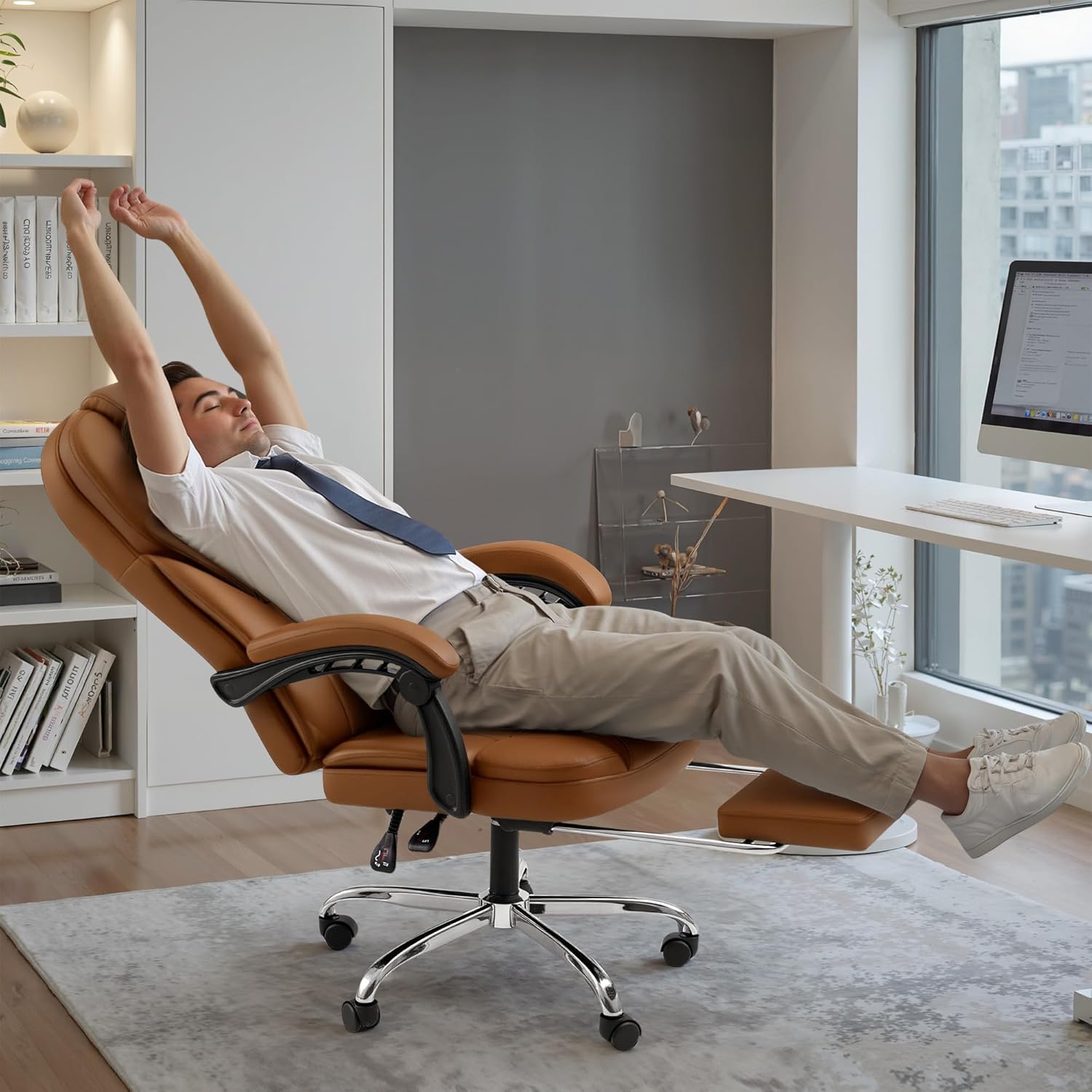 Shahoo Executive Office Chair with Massage, Ergonomic Reclining High Back Leather Seats with Footrest and Lumbar Support, Big and Tall, 400Lbs Heavy Duty, Brown - Image 2