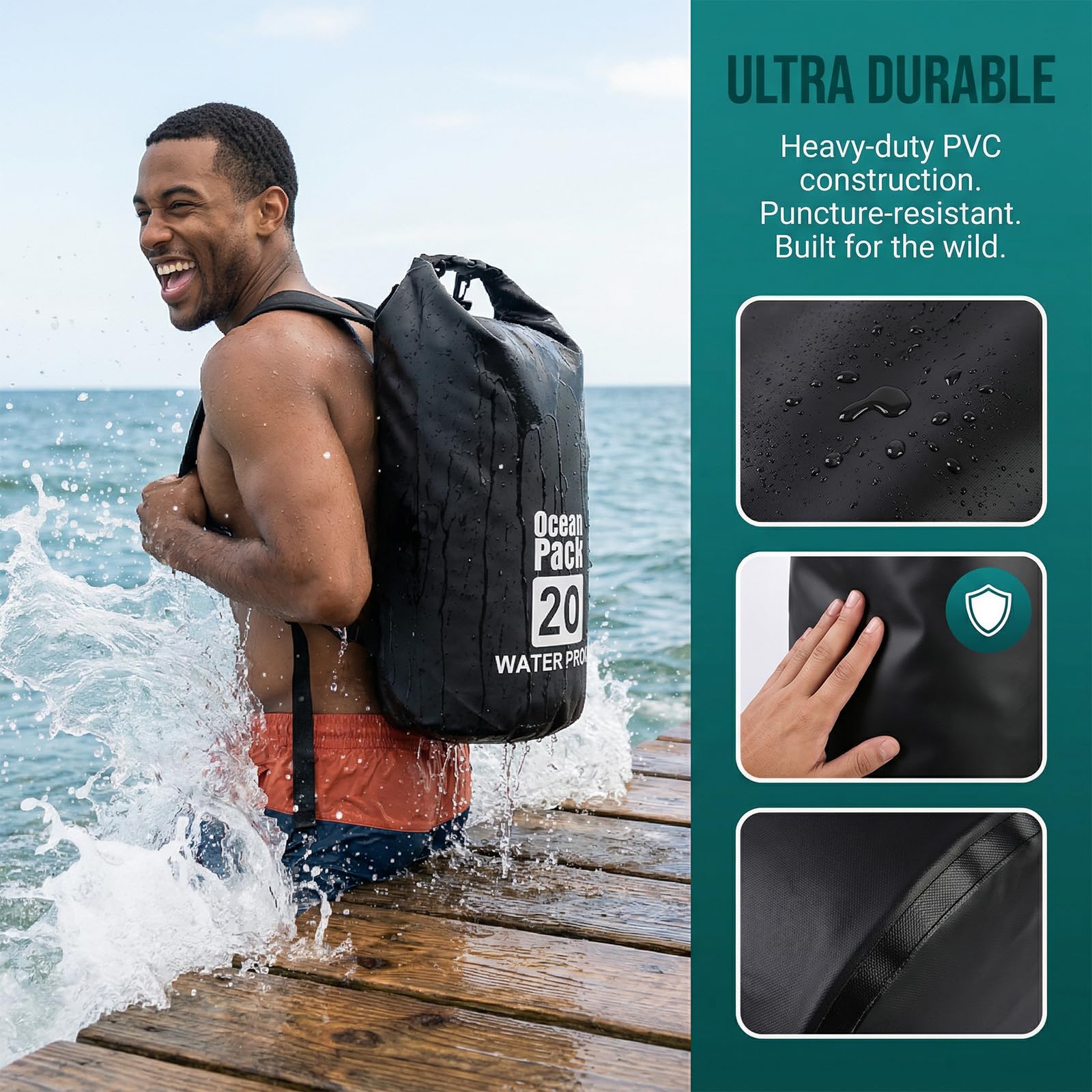 Nivofu Zaino Impermeabile 20 Litri, Borsa Stagna Roll Top con Tracolla Regolabile, Dry Bag per Moto, Mare, Sport Acquatici, Kayak, Campeggio, Nero