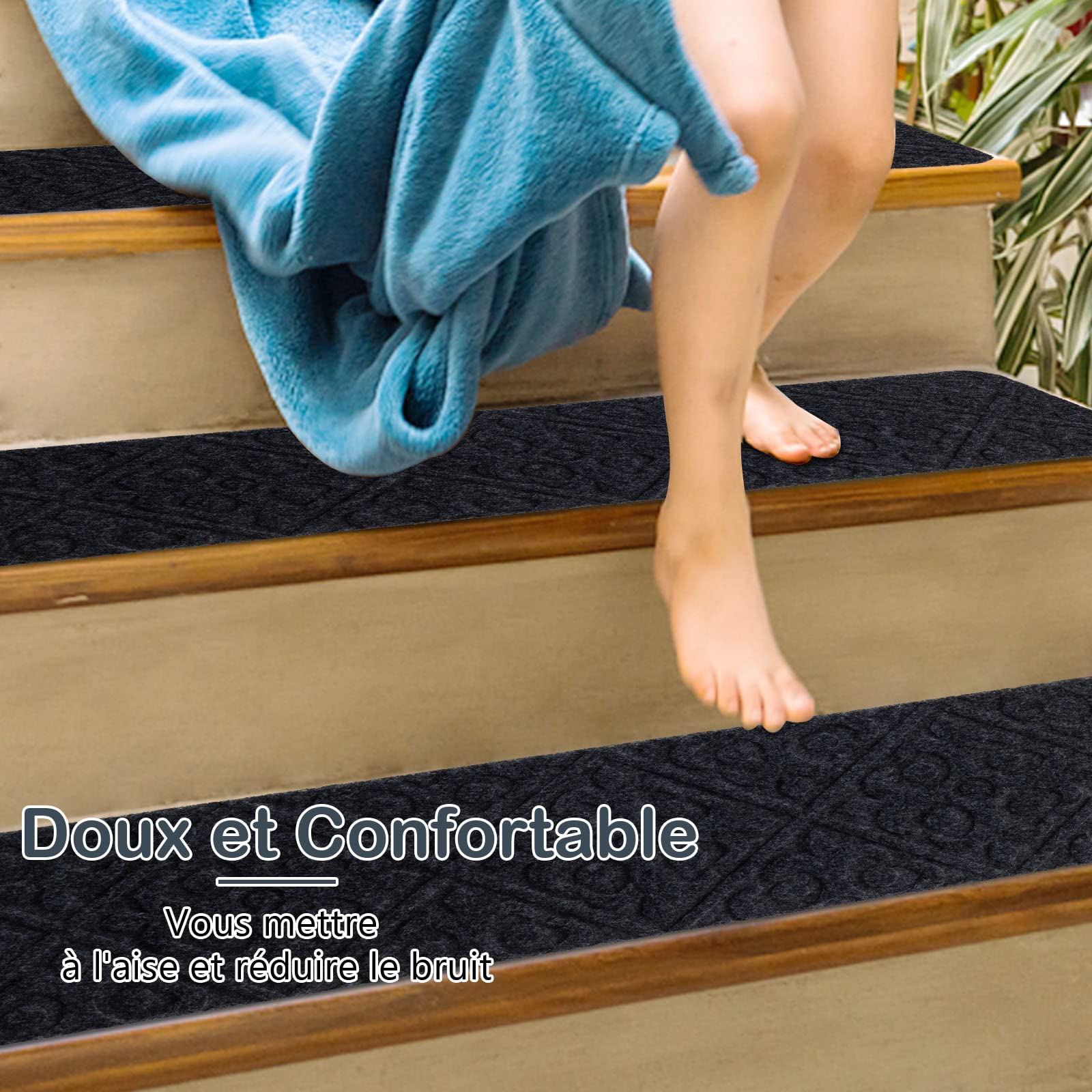 GOPLUS Lot de 15 Marchettes d’Escalier avec Surface Antidérapante, Tapis d’Escalier Antidérapant avec Design à Plusieurs Couches, Tapis de Sécurité, pour Enfants, Personnes Âgées, 76X20CM (Gris)