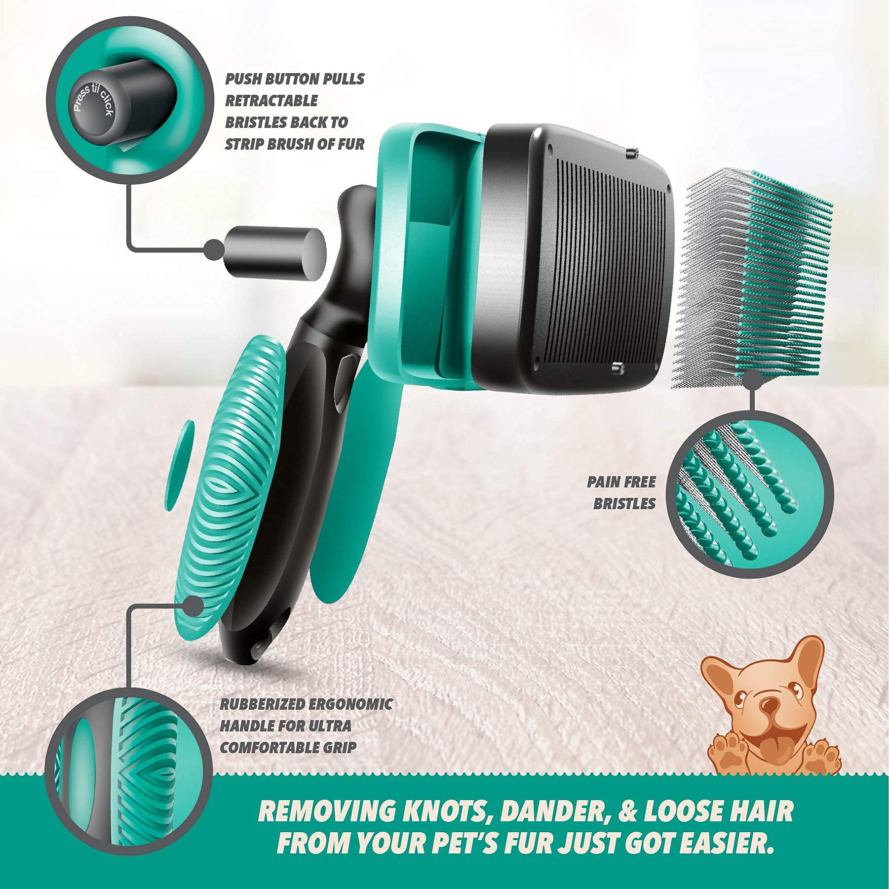 Ruff 'N Ruffus Self-Cleaning Slicker Brush | Upgraded PAIN-FREE Bristles Gently Removes Loose Undercoat, Mats & Tangled Hair | For Cats & Dogs With Al