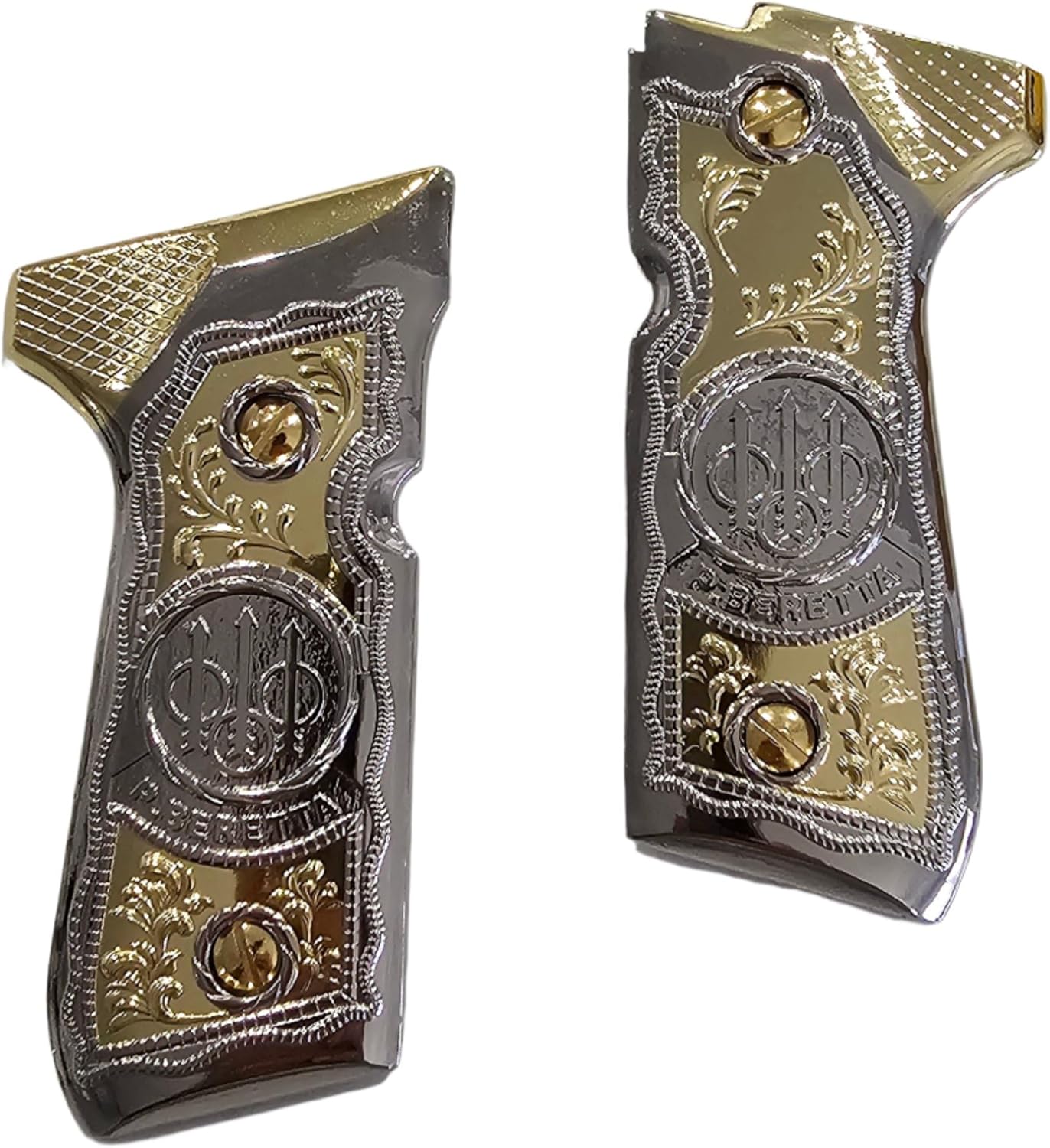 Metal Grips for Beretta 92/96 Full Size, 92 fs, m9, 92a1, 92 INOX, Scroll Design Nickel Gold Plated, Gun Grips Screws Included