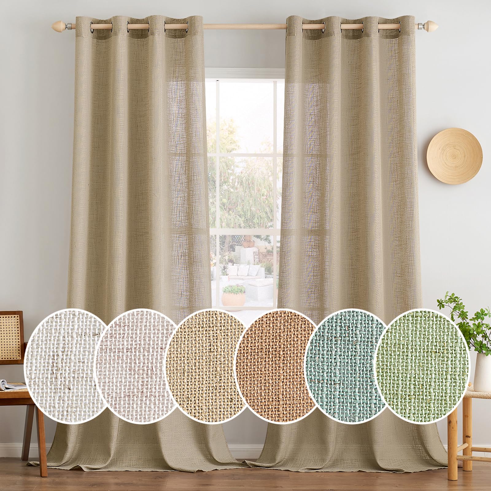 MIULEE Juego de Cortinas de Lino Translúcido de Dos Piezas con Ojales Cortinas Modernas para Dos Puertas de Balcón Cortinas para Salón Dormitorio 245x140cm (HxL) Marrón Claro