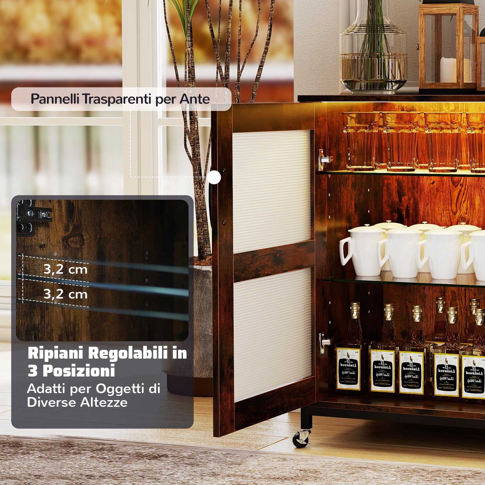COSTWAY Mobile Bar per Vino con Luce LED, Credenza Buffet da Cucina con Ruote, Ripiani Regolabili, Supporti per Bicchieri e Bottiglie, per Sala da Pranzo e Soggiorno, 108 × 40 × 81 cm