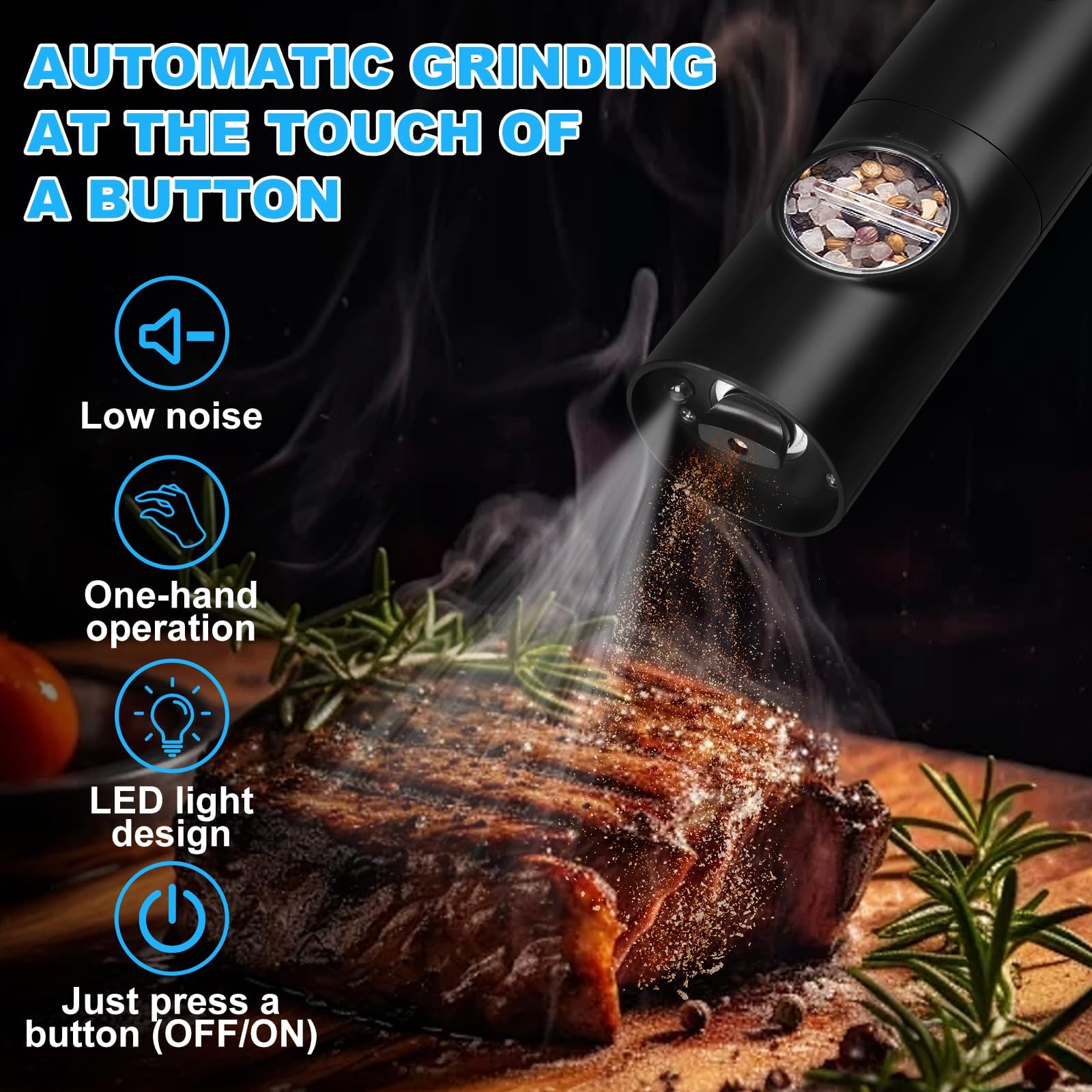 UCAMP Moulin à Sel et Poivre Électrique, Base Rechargeable, Grossièreté Réglable, Lampe LED