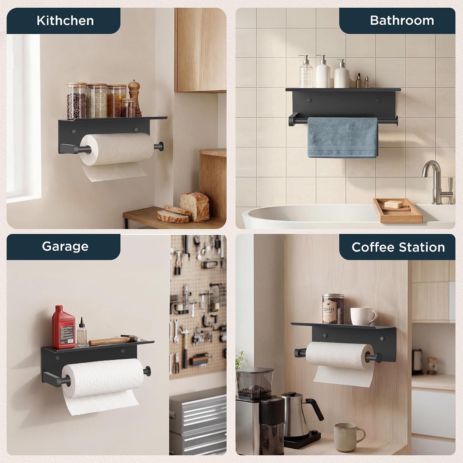 FORIOUS Paper Towel Holder with Shelf, SUS304 Stainless Steel Paper Towel Holder with Storage Shelf, Wall Mount Screw Paper Roll Organizer Commercial Paper Hand Towel Dispensers, Mattle Black